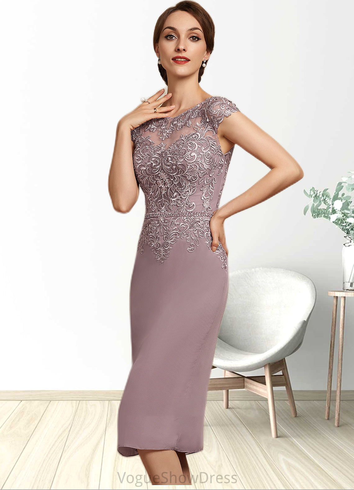 Henrietta Sheath/Column Scoop Neck Knee-Length Chiffon Lace Mother of the Bride Dress With Beading Sequins DL126P0014666