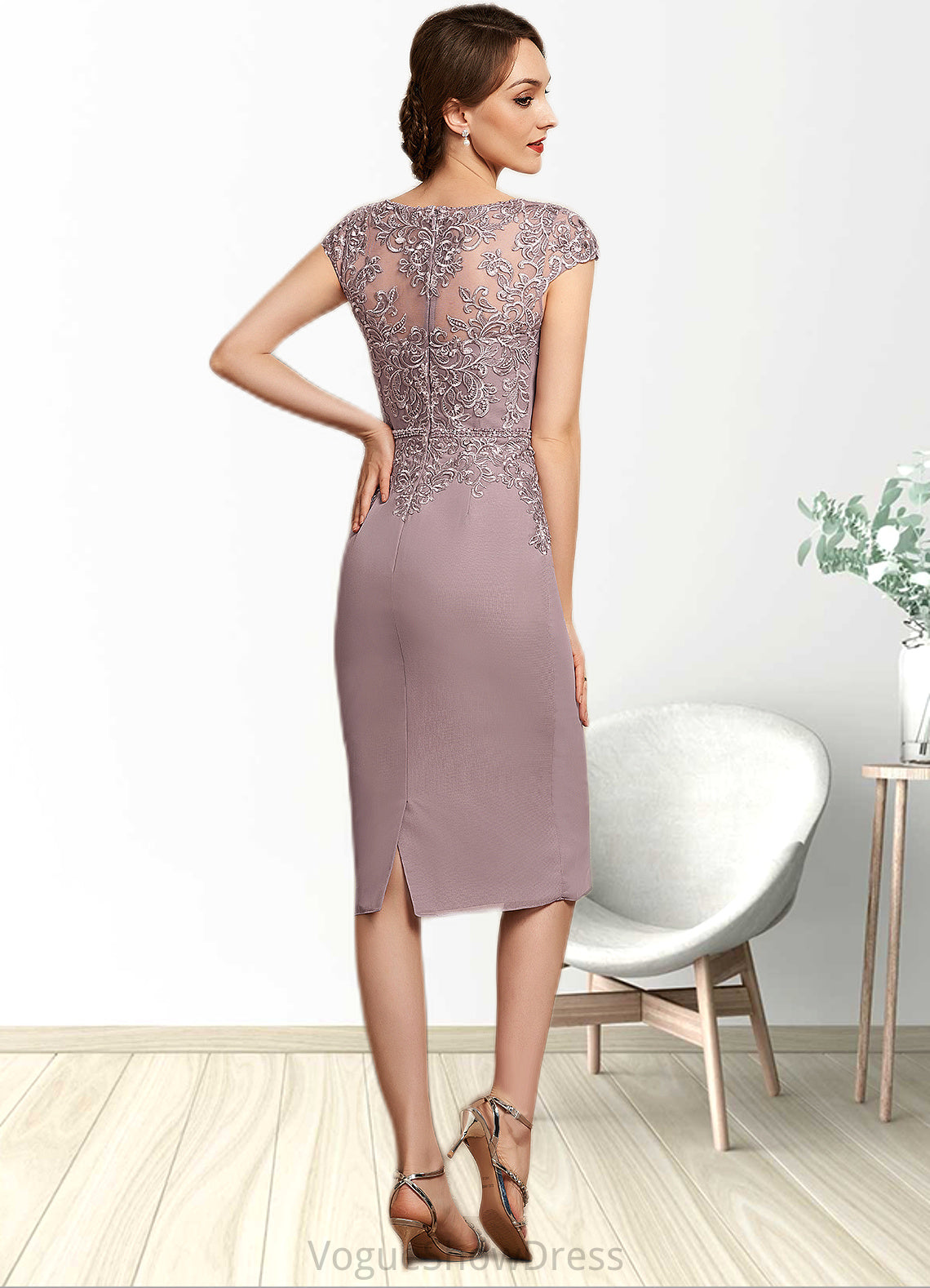 Henrietta Sheath/Column Scoop Neck Knee-Length Chiffon Lace Mother of the Bride Dress With Beading Sequins DL126P0014666