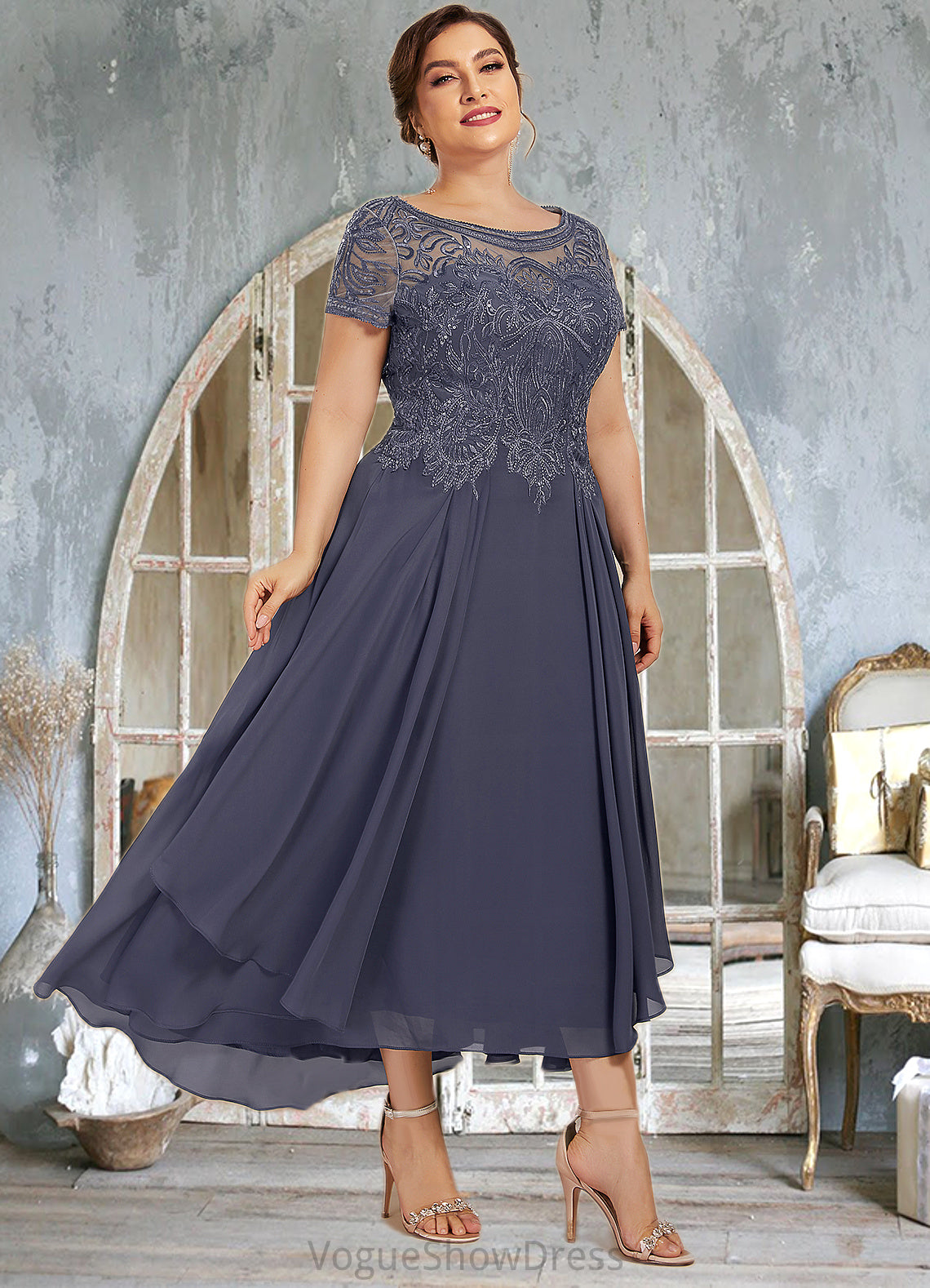 Danika A-Line Scoop Neck Asymmetrical Chiffon Lace Mother of the Bride Dress With Sequins DL126P0014667