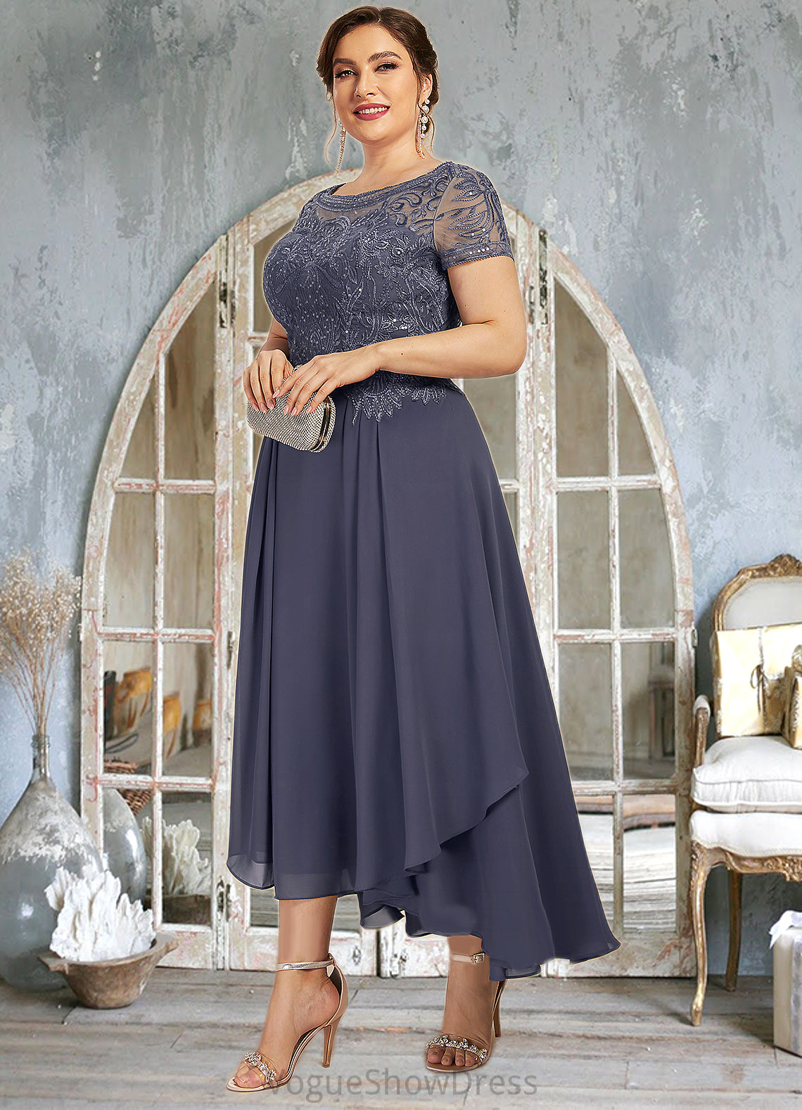 Danika A-Line Scoop Neck Asymmetrical Chiffon Lace Mother of the Bride Dress With Sequins DL126P0014667