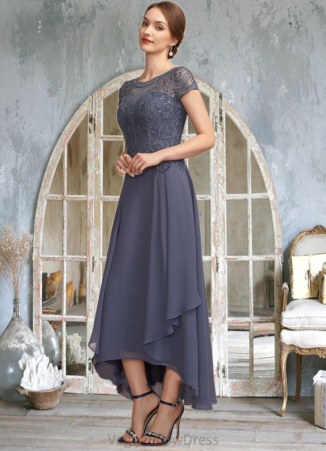 Danika A-Line Scoop Neck Asymmetrical Chiffon Lace Mother of the Bride Dress With Sequins DL126P0014667