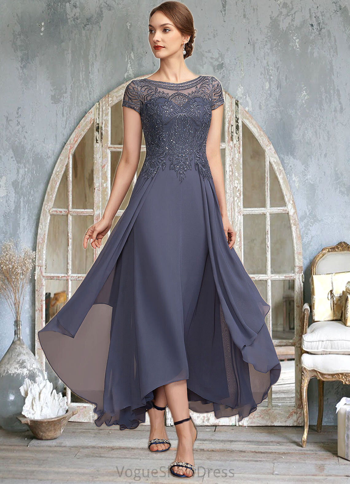 Danika A-Line Scoop Neck Asymmetrical Chiffon Lace Mother of the Bride Dress With Sequins DL126P0014667