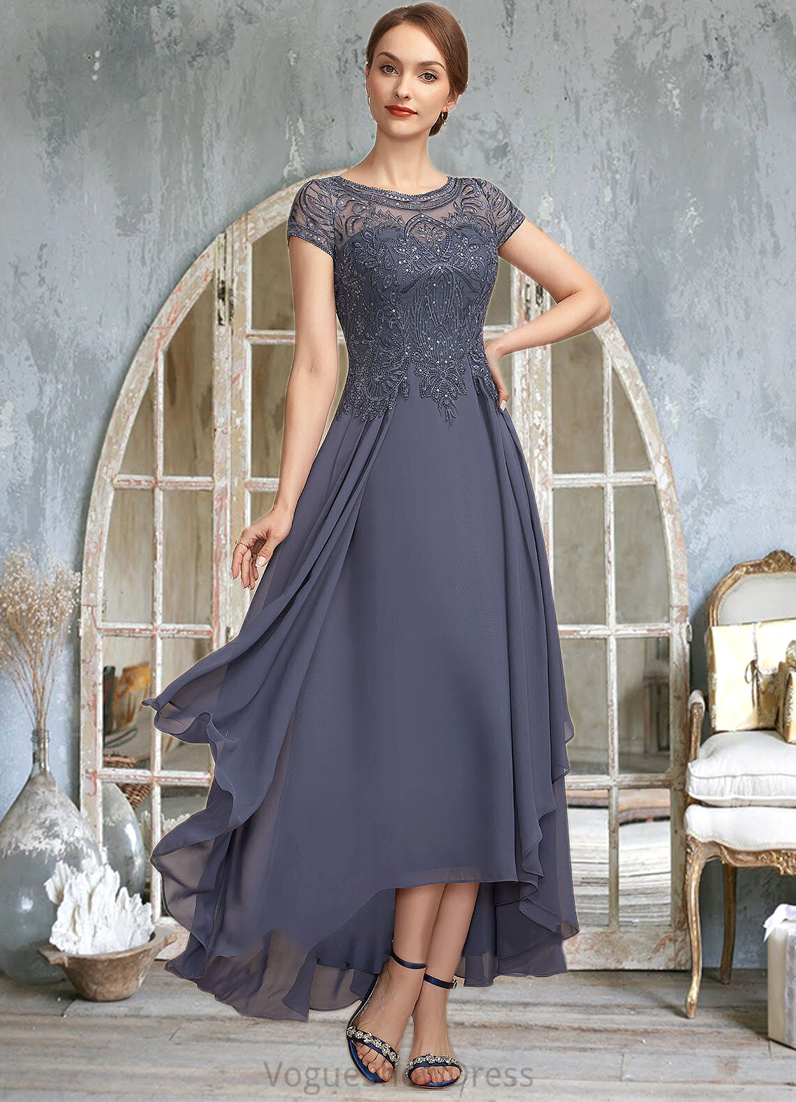 Danika A-Line Scoop Neck Asymmetrical Chiffon Lace Mother of the Bride Dress With Sequins DL126P0014667