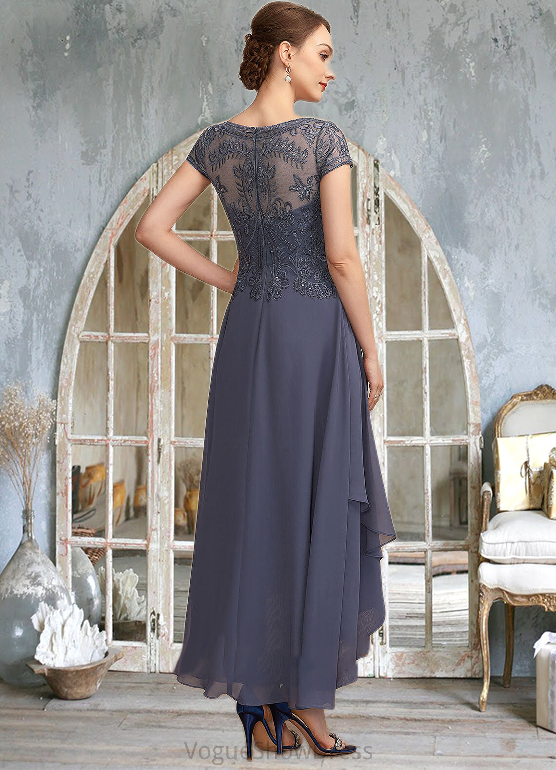 Danika A-Line Scoop Neck Asymmetrical Chiffon Lace Mother of the Bride Dress With Sequins DL126P0014667