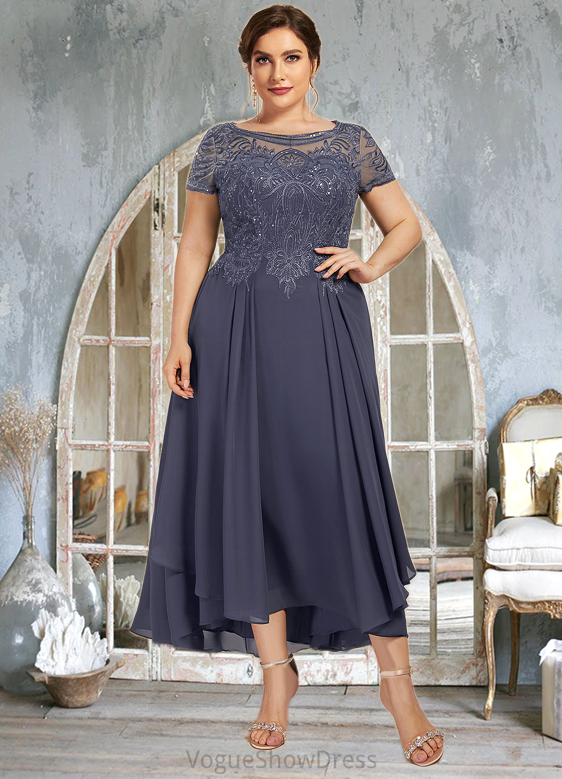 Danika A-Line Scoop Neck Asymmetrical Chiffon Lace Mother of the Bride Dress With Sequins DL126P0014667