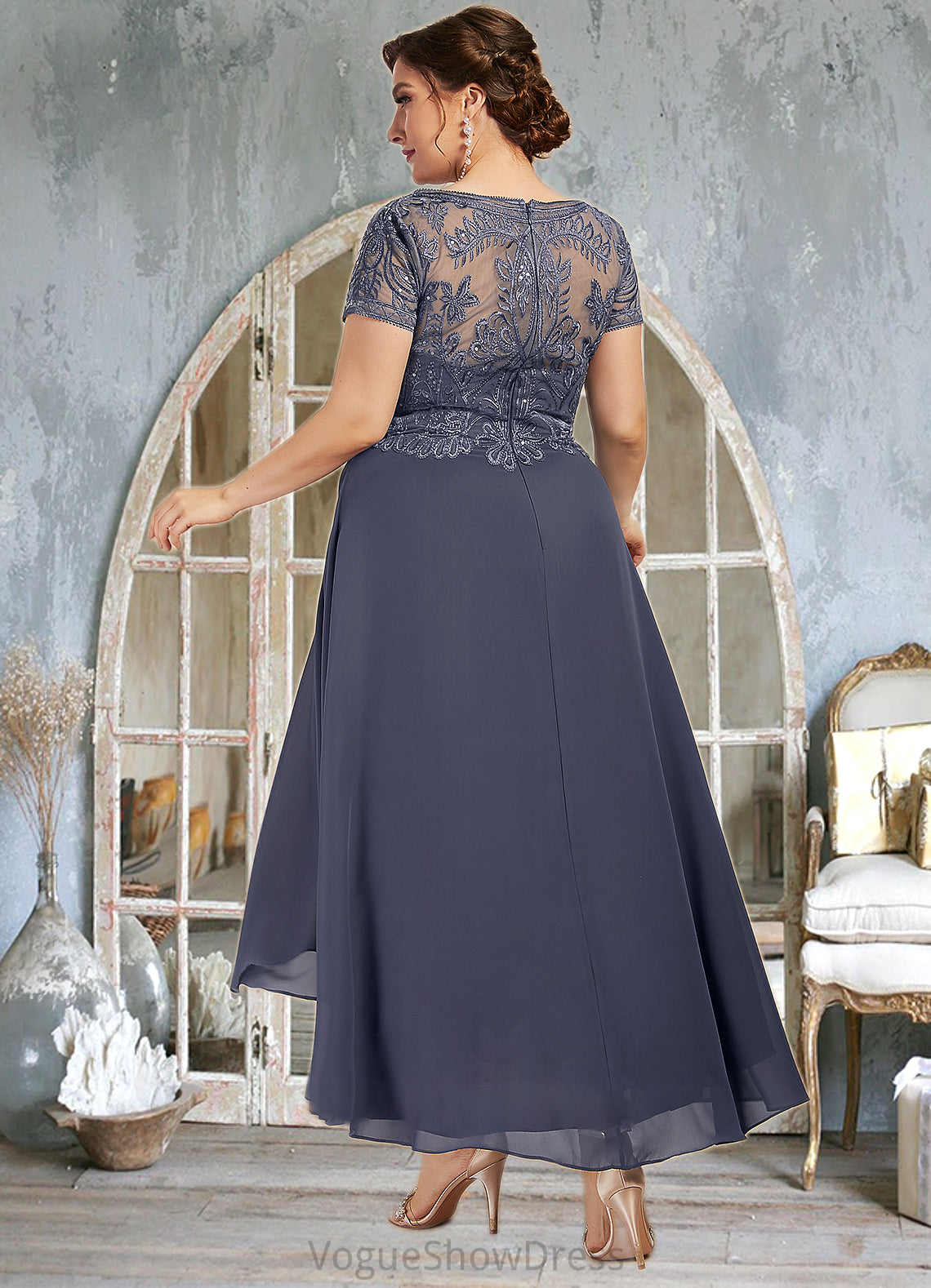 Danika A-Line Scoop Neck Asymmetrical Chiffon Lace Mother of the Bride Dress With Sequins DL126P0014667