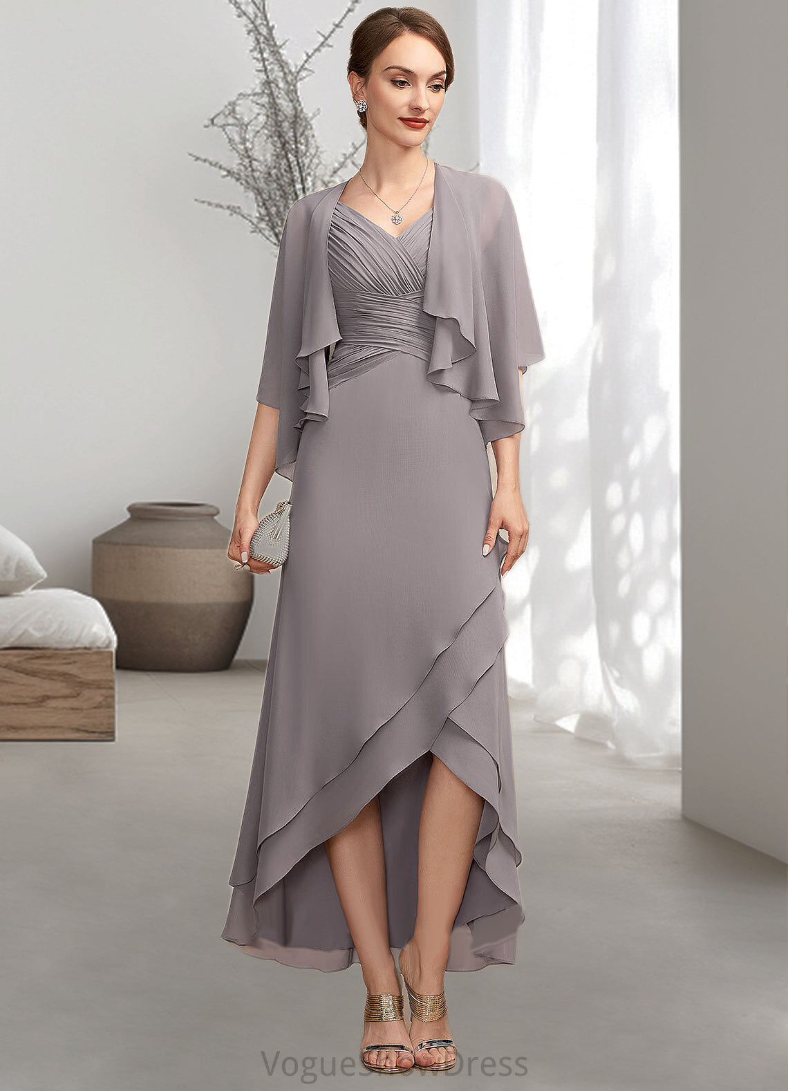 Viviana A-Line V-neck Asymmetrical Chiffon Mother of the Bride Dress With Ruffle DL126P0014682