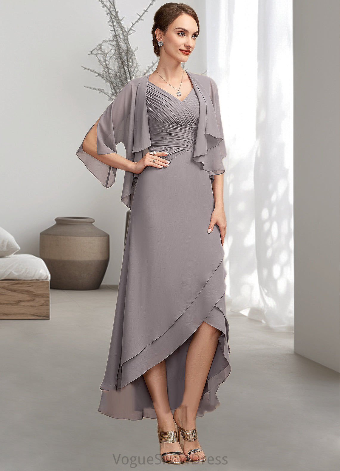 Viviana A-Line V-neck Asymmetrical Chiffon Mother of the Bride Dress With Ruffle DL126P0014682