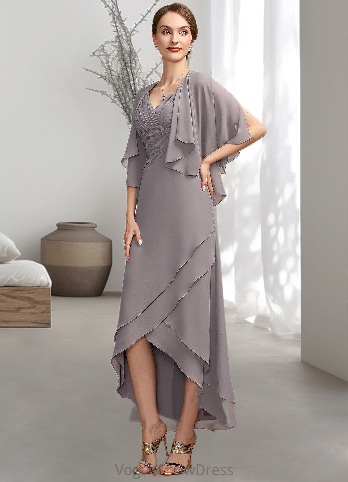 Viviana A-Line V-neck Asymmetrical Chiffon Mother of the Bride Dress With Ruffle DL126P0014682