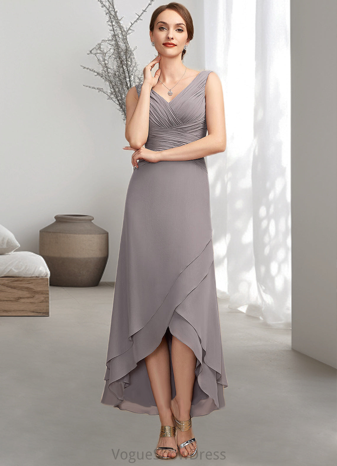 Viviana A-Line V-neck Asymmetrical Chiffon Mother of the Bride Dress With Ruffle DL126P0014682