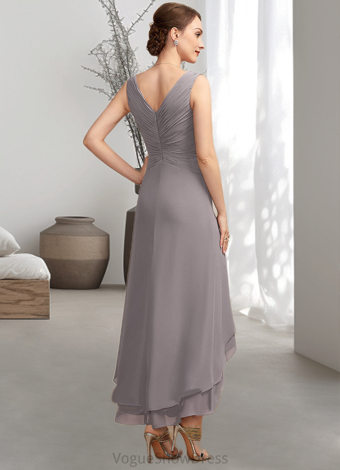 Viviana A-Line V-neck Asymmetrical Chiffon Mother of the Bride Dress With Ruffle DL126P0014682