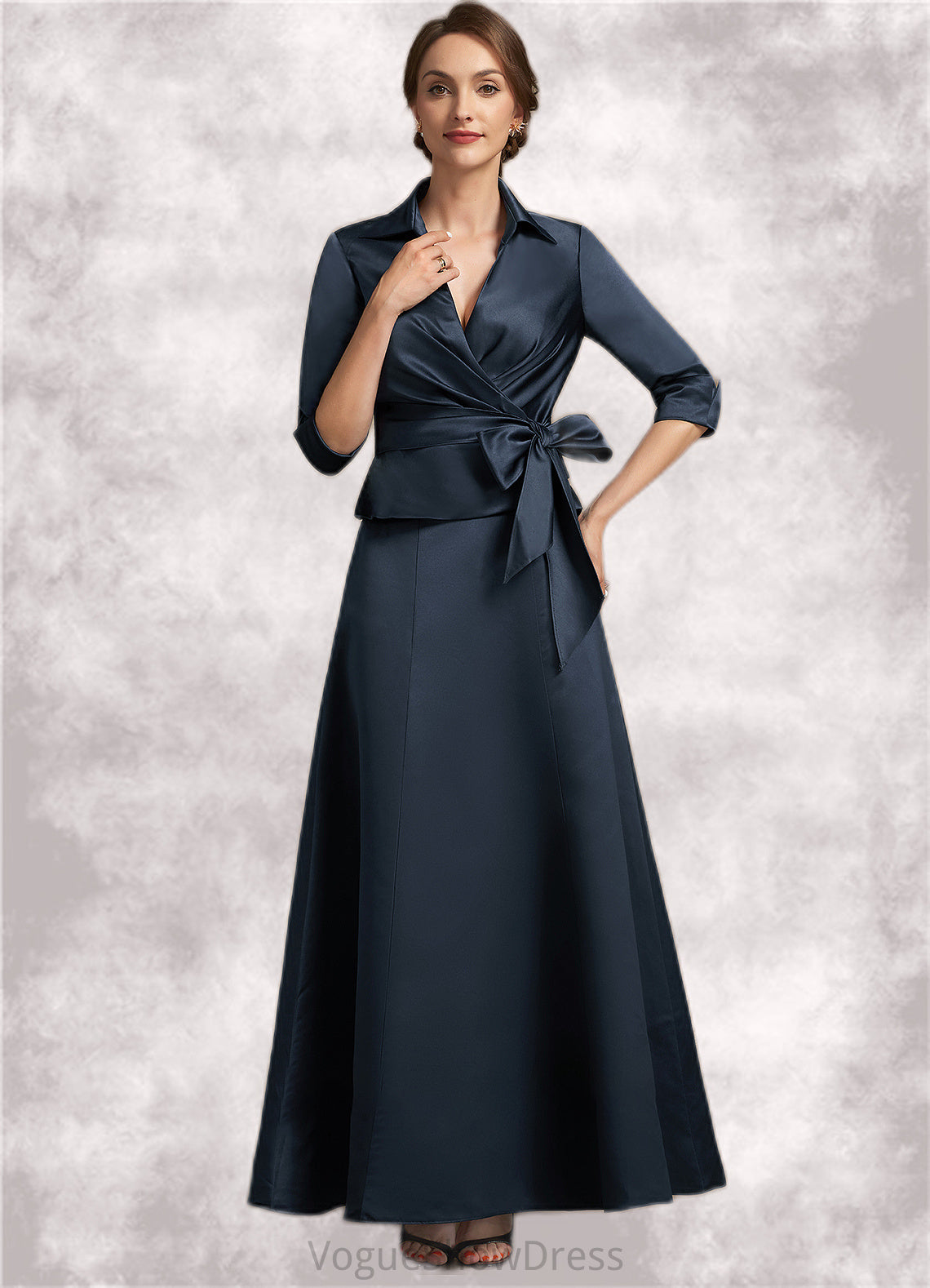 Vicky A-Line V-neck Ankle-Length Satin Mother of the Bride Dress With Bow(s) DL126P0014683