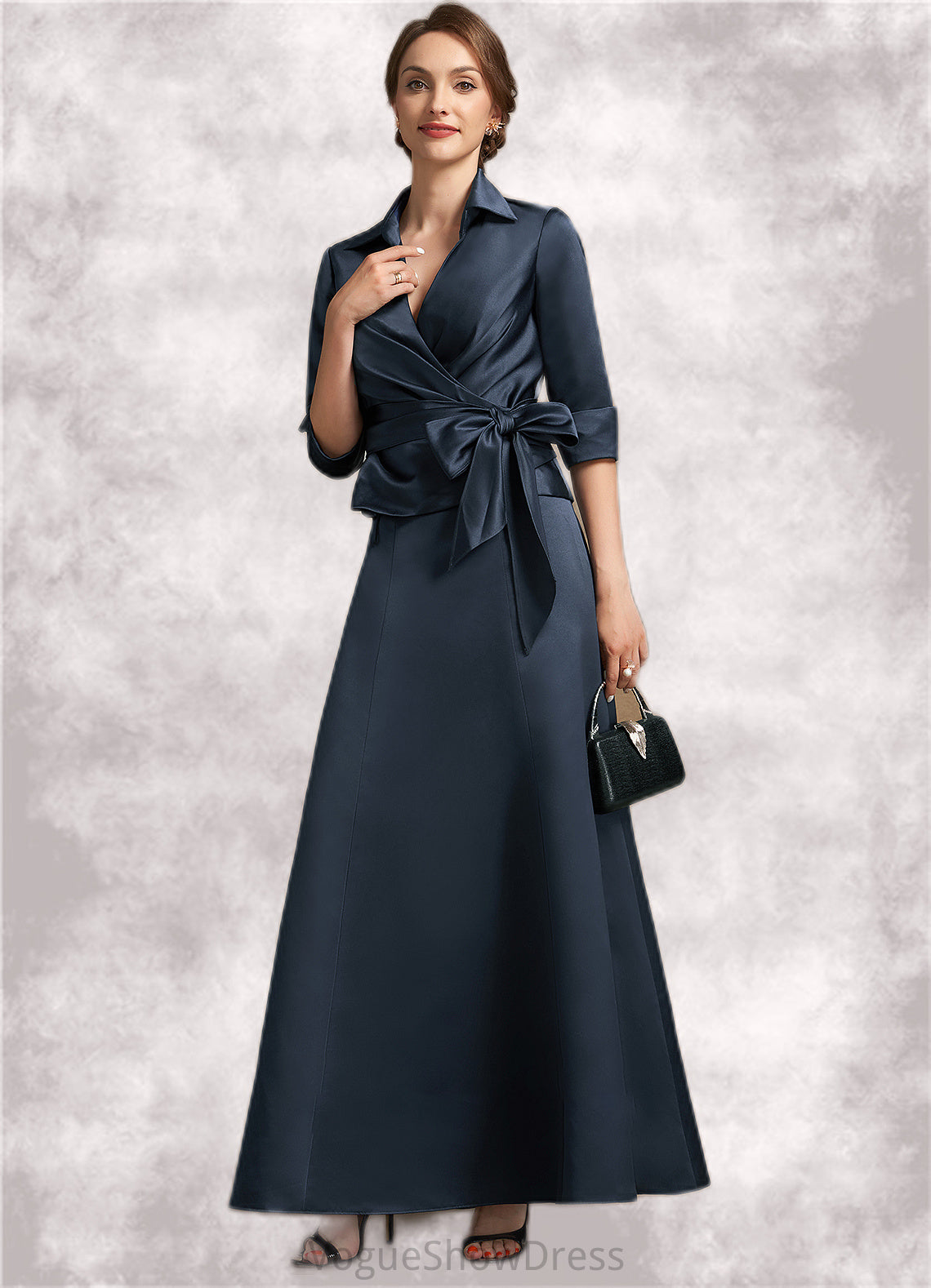 Vicky A-Line V-neck Ankle-Length Satin Mother of the Bride Dress With Bow(s) DL126P0014683