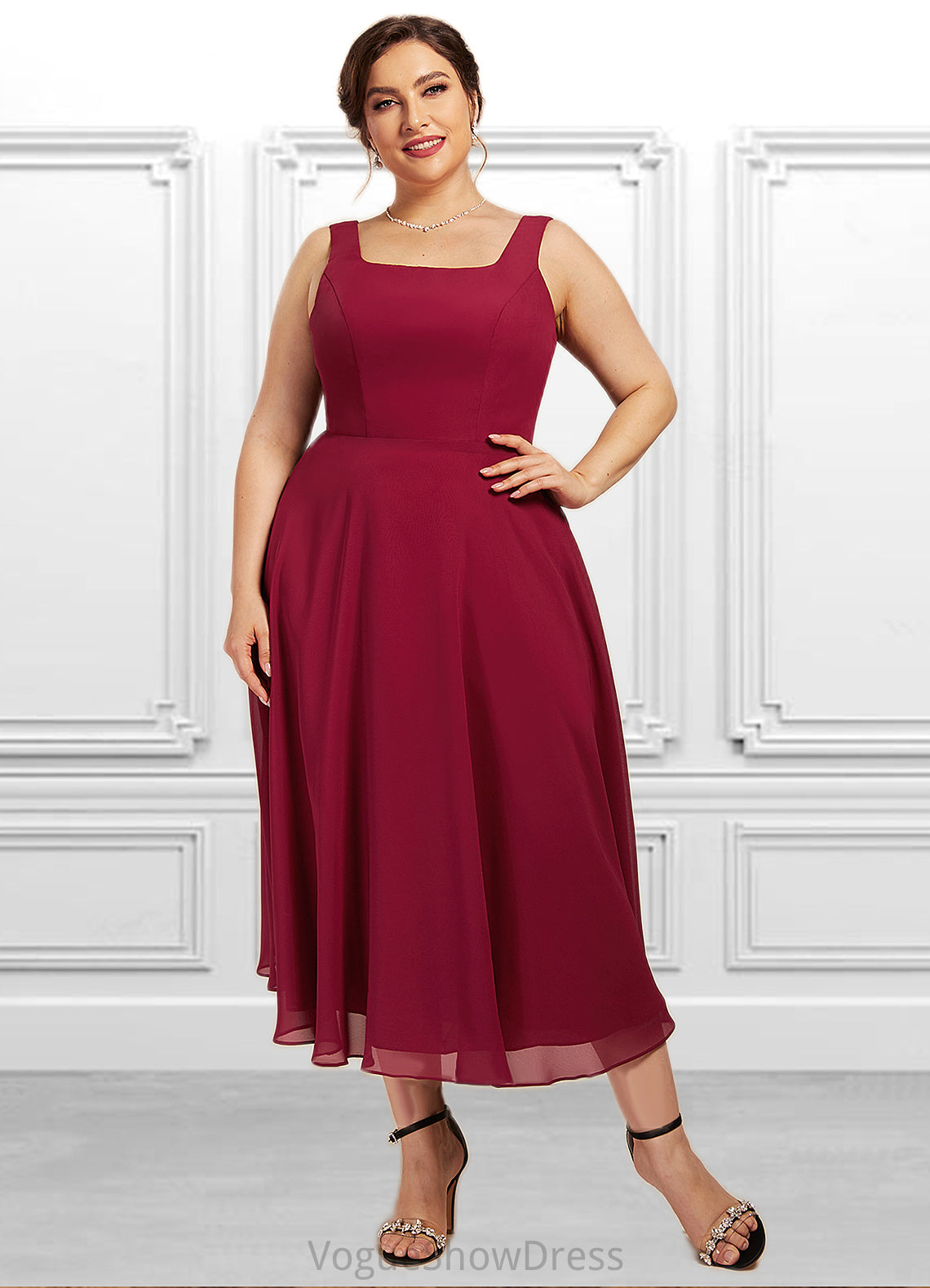 Winifred A-Line Scoop Neck Tea-Length Chiffon Mother of the Bride Dress DL126P0014684