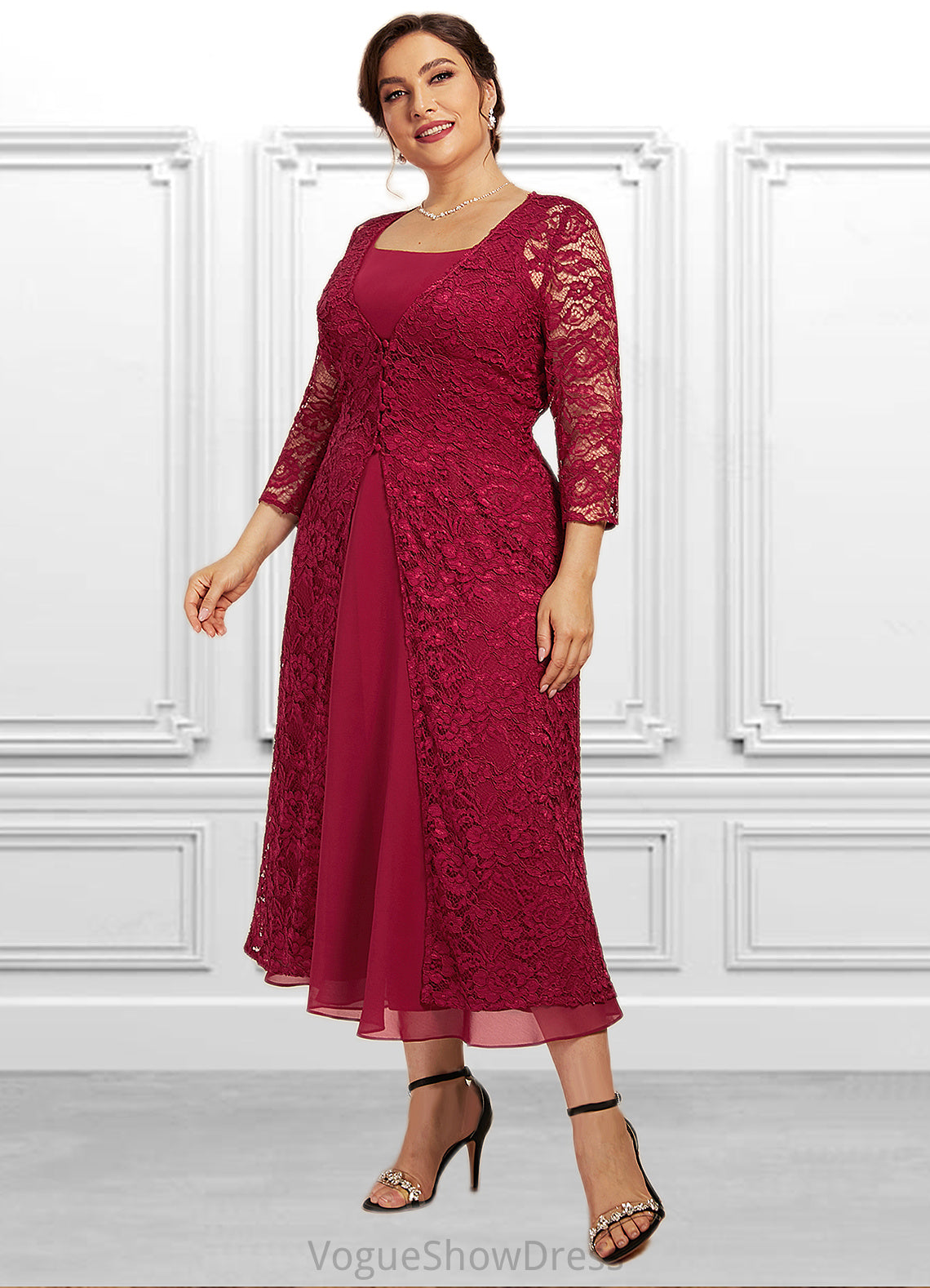 Winifred A-Line Scoop Neck Tea-Length Chiffon Mother of the Bride Dress DL126P0014684