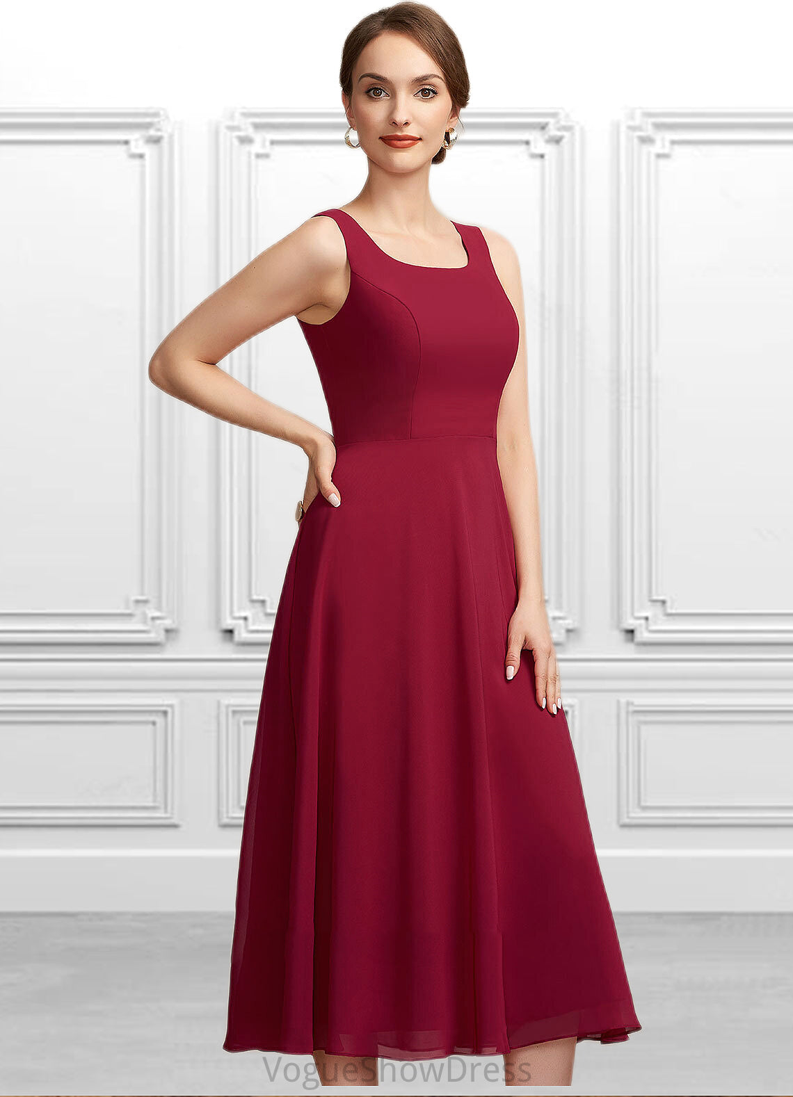 Winifred A-Line Scoop Neck Tea-Length Chiffon Mother of the Bride Dress DL126P0014684