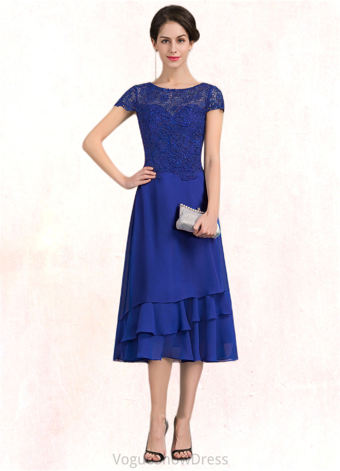 Haleigh A-Line Scoop Neck Tea-Length Chiffon Lace Mother of the Bride Dress DL126P0014685