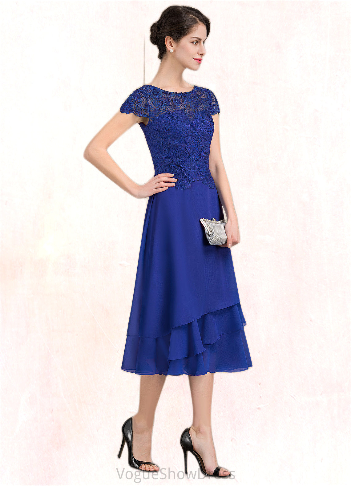 Haleigh A-Line Scoop Neck Tea-Length Chiffon Lace Mother of the Bride Dress DL126P0014685