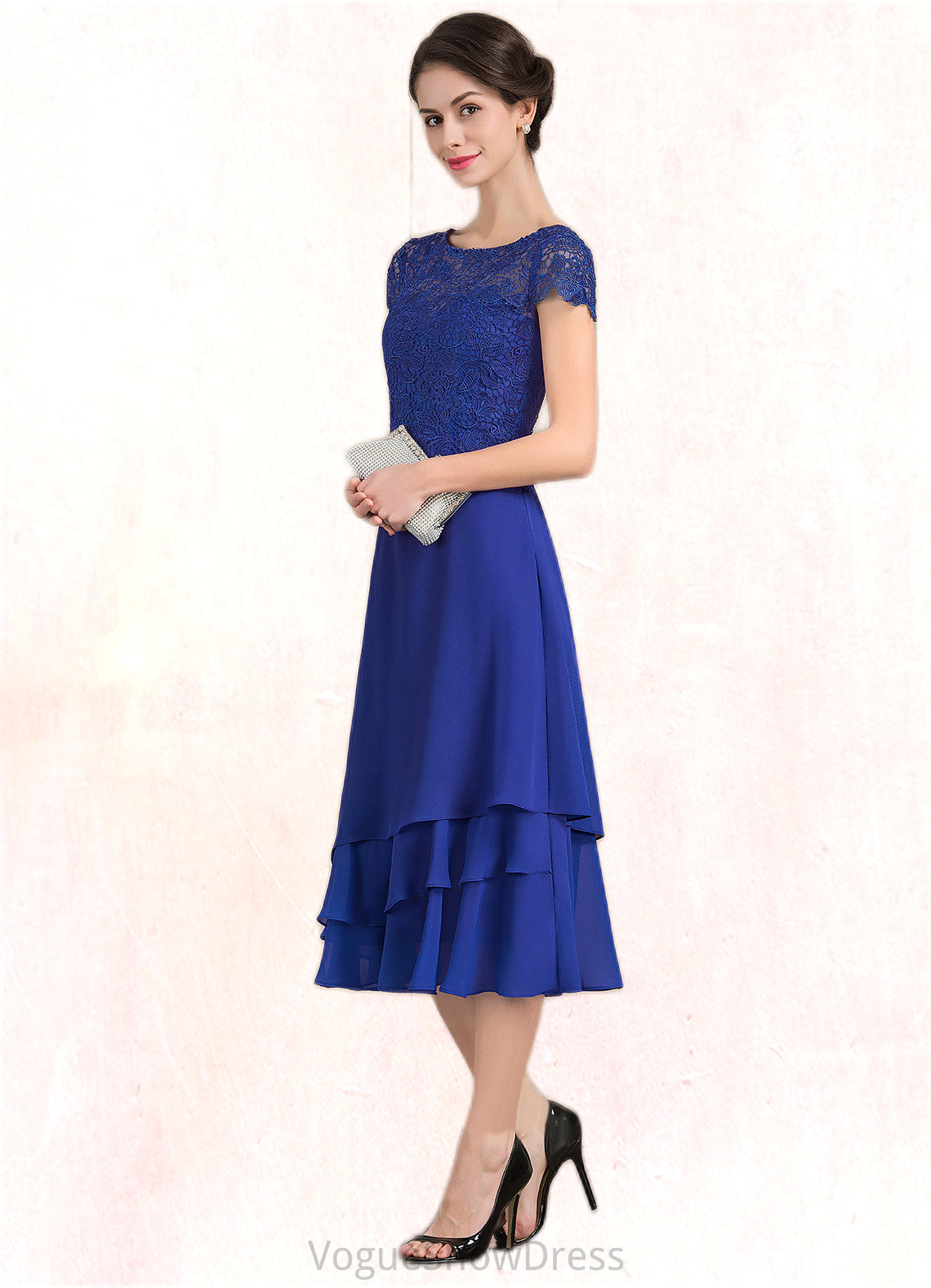 Haleigh A-Line Scoop Neck Tea-Length Chiffon Lace Mother of the Bride Dress DL126P0014685