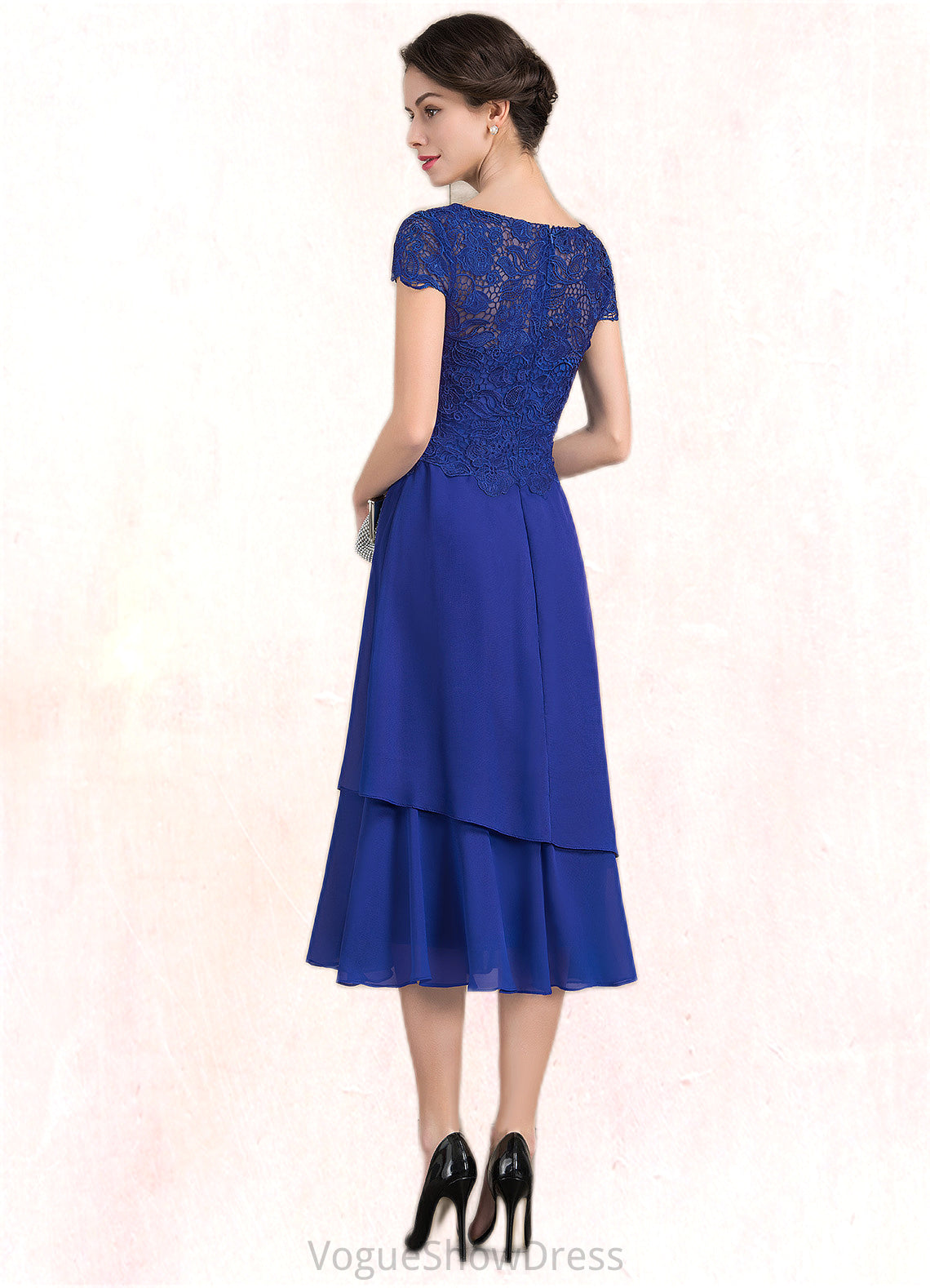 Haleigh A-Line Scoop Neck Tea-Length Chiffon Lace Mother of the Bride Dress DL126P0014685