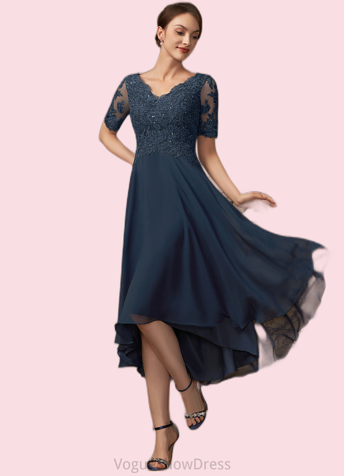 Savannah A-line V-Neck Asymmetrical Chiffon Lace Mother of the Bride Dress With Sequins DL126P0014686