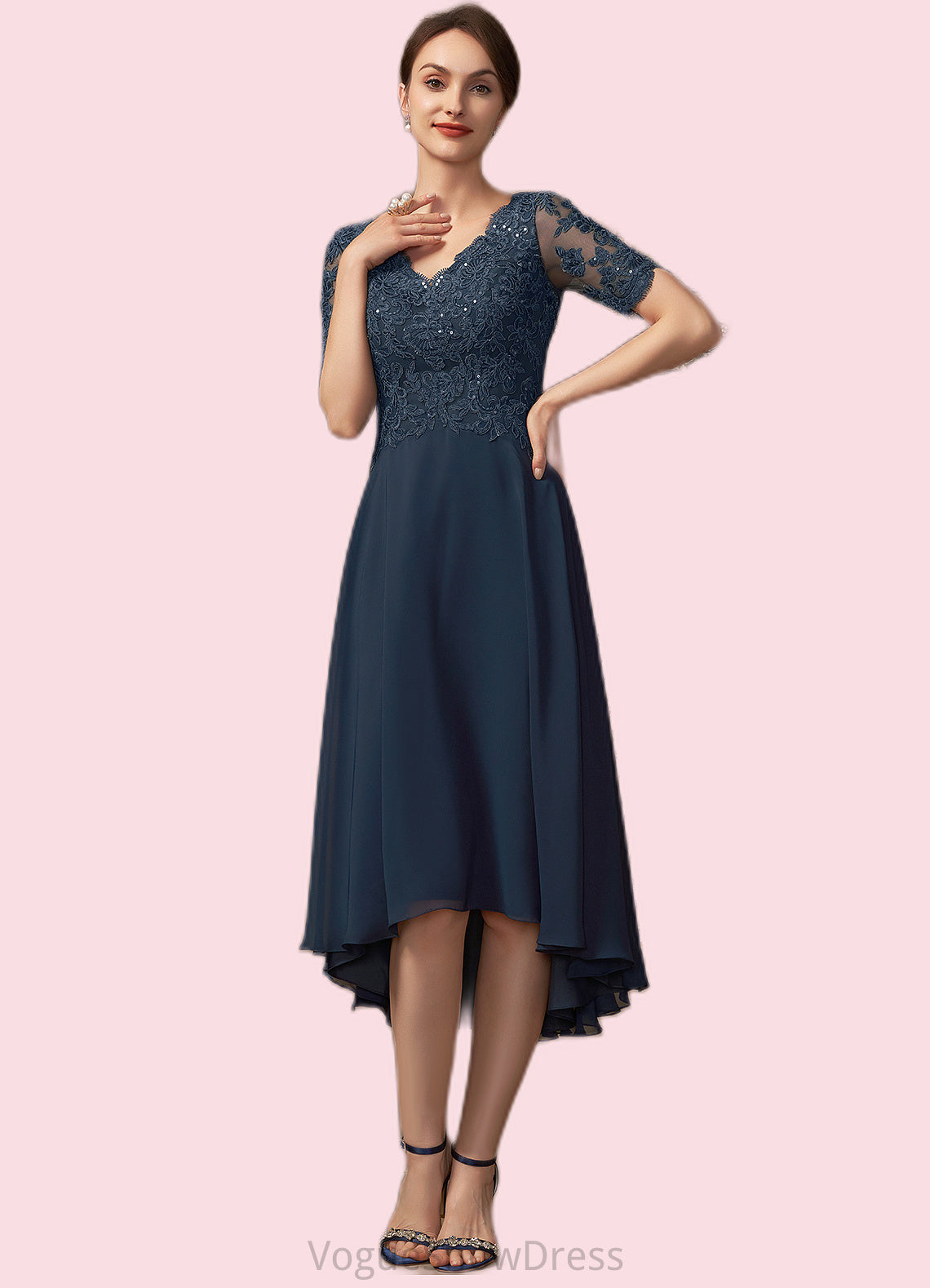 Savannah A-line V-Neck Asymmetrical Chiffon Lace Mother of the Bride Dress With Sequins DL126P0014686