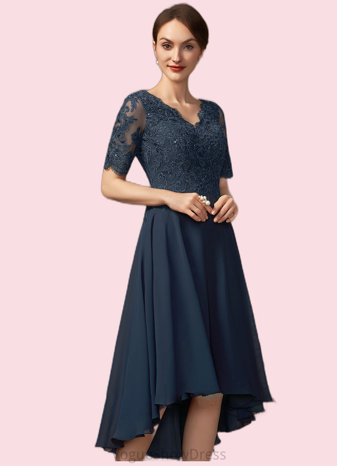 Savannah A-line V-Neck Asymmetrical Chiffon Lace Mother of the Bride Dress With Sequins DL126P0014686