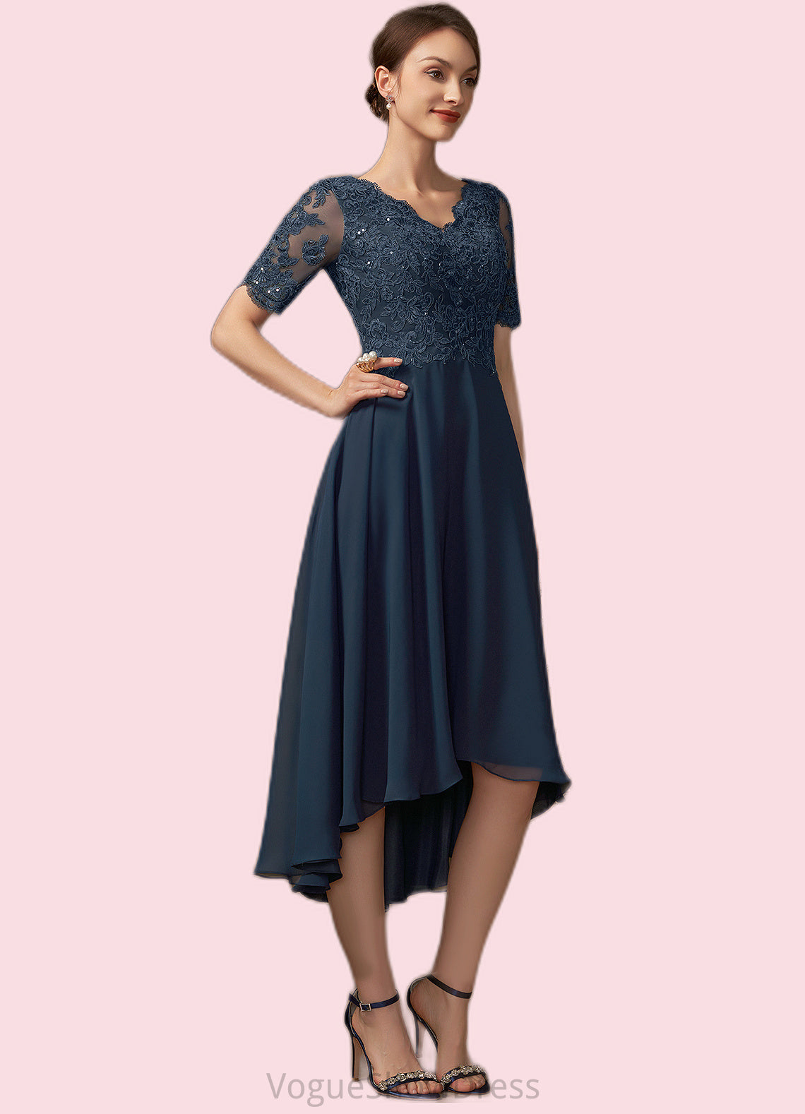 Savannah A-line V-Neck Asymmetrical Chiffon Lace Mother of the Bride Dress With Sequins DL126P0014686