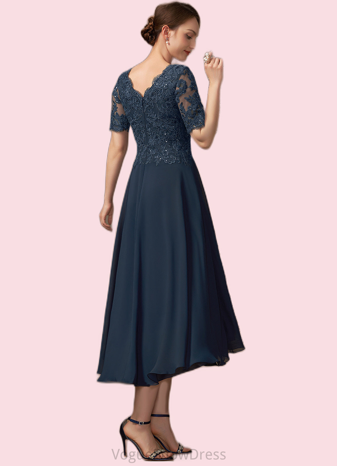 Savannah A-line V-Neck Asymmetrical Chiffon Lace Mother of the Bride Dress With Sequins DL126P0014686