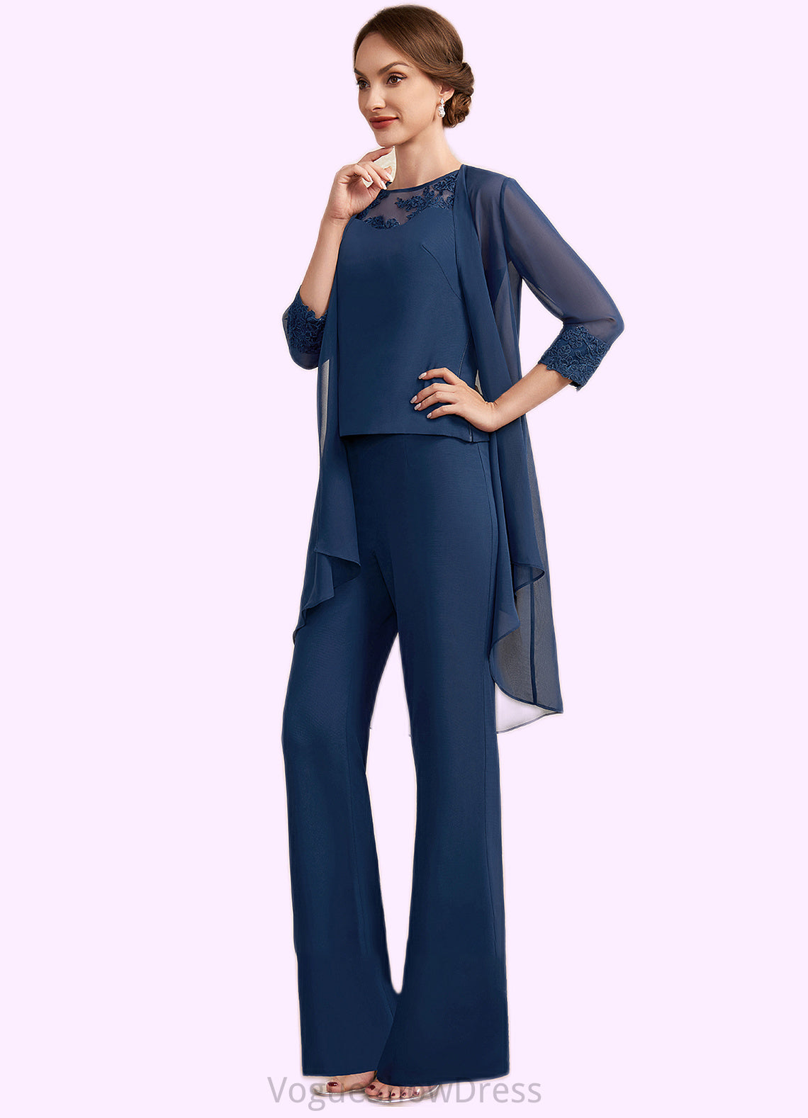 Caylee Jumpsuit/Pantsuit Scoop Neck Floor-Length Chiffon Mother of the Bride Dress With Lace DL126P0014687