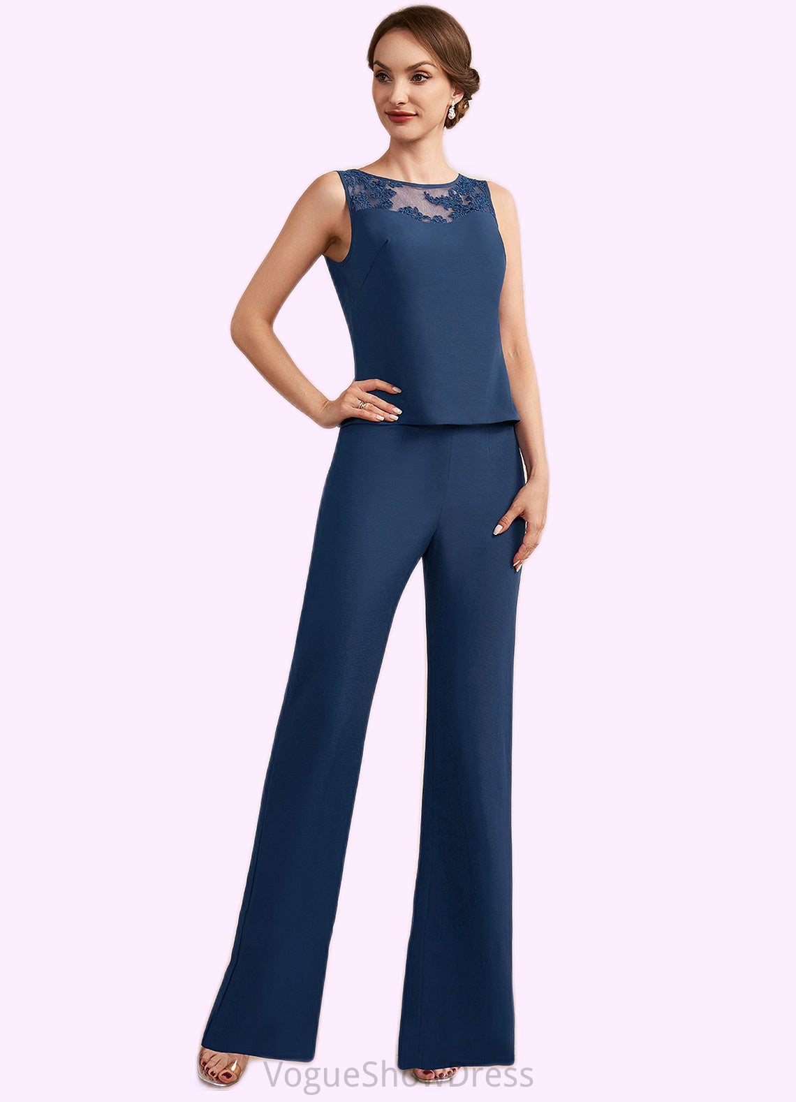 Caylee Jumpsuit/Pantsuit Scoop Neck Floor-Length Chiffon Mother of the Bride Dress With Lace DL126P0014687