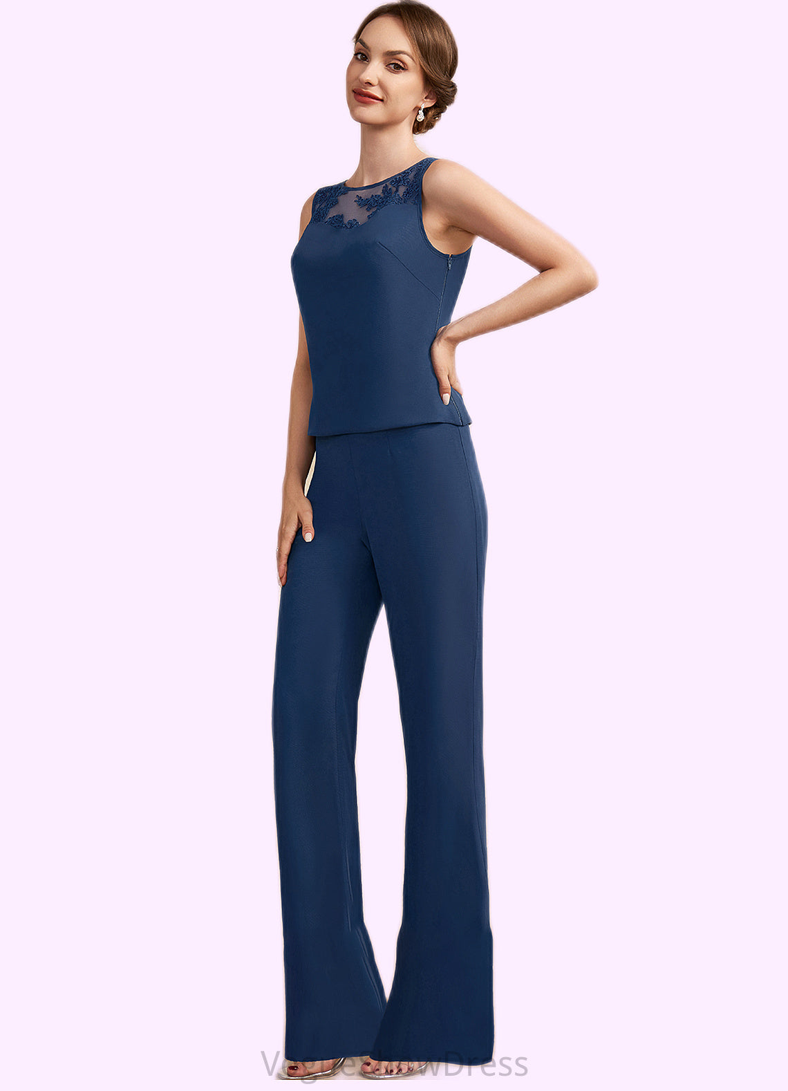 Caylee Jumpsuit/Pantsuit Scoop Neck Floor-Length Chiffon Mother of the Bride Dress With Lace DL126P0014687