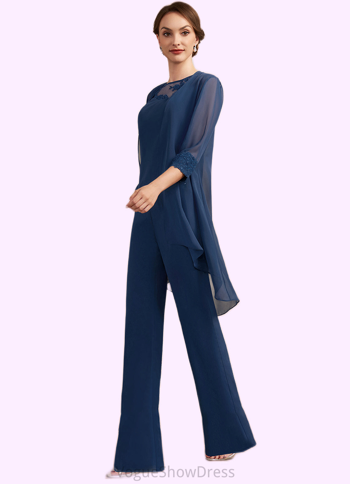 Caylee Jumpsuit/Pantsuit Scoop Neck Floor-Length Chiffon Mother of the Bride Dress With Lace DL126P0014687