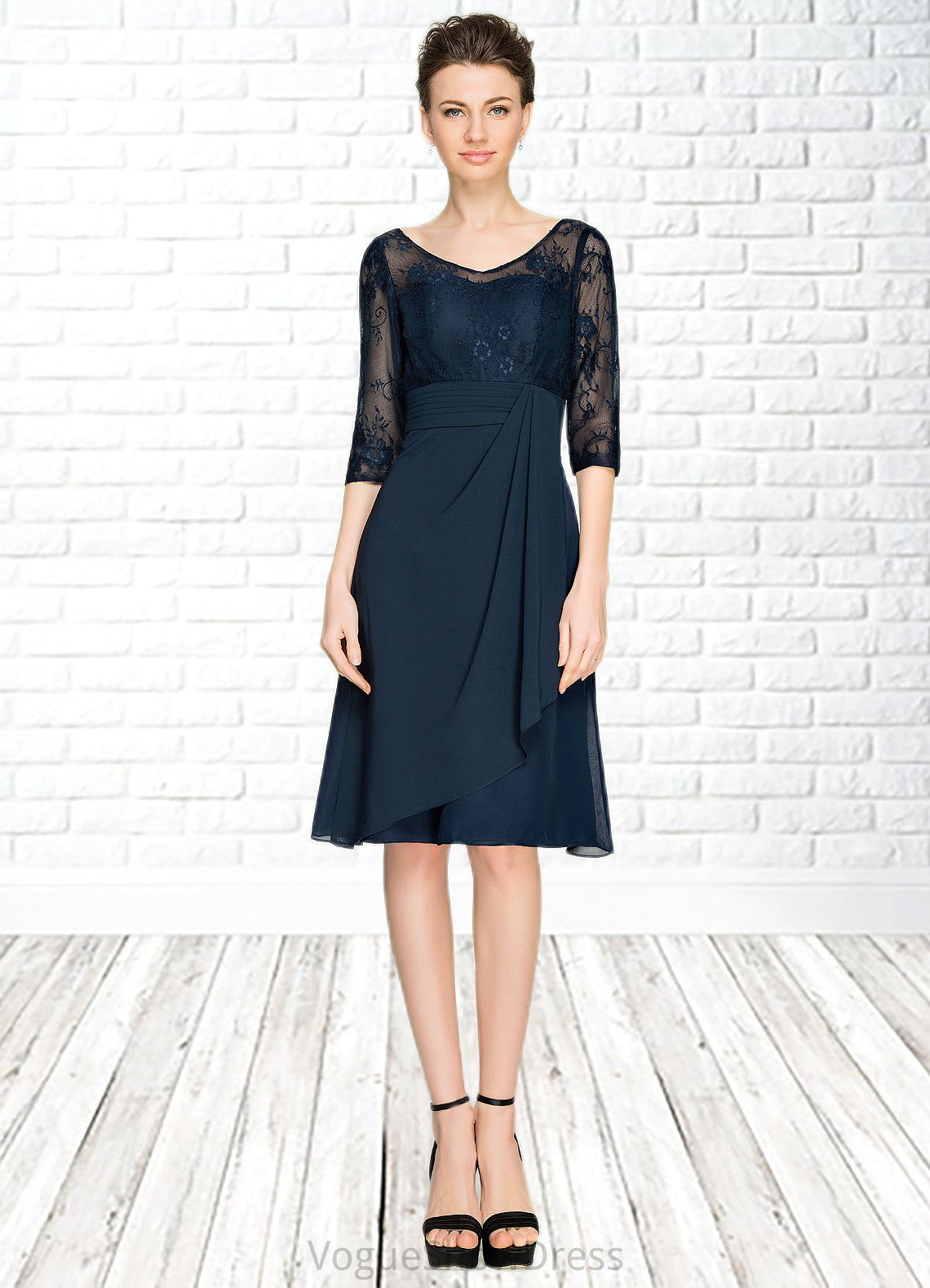 Eva A-Line V-neck Knee-Length Chiffon Lace Mother of the Bride Dress With Cascading Ruffles DL126P0014695