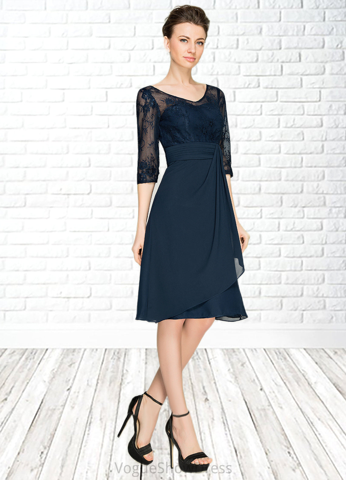 Eva A-Line V-neck Knee-Length Chiffon Lace Mother of the Bride Dress With Cascading Ruffles DL126P0014695