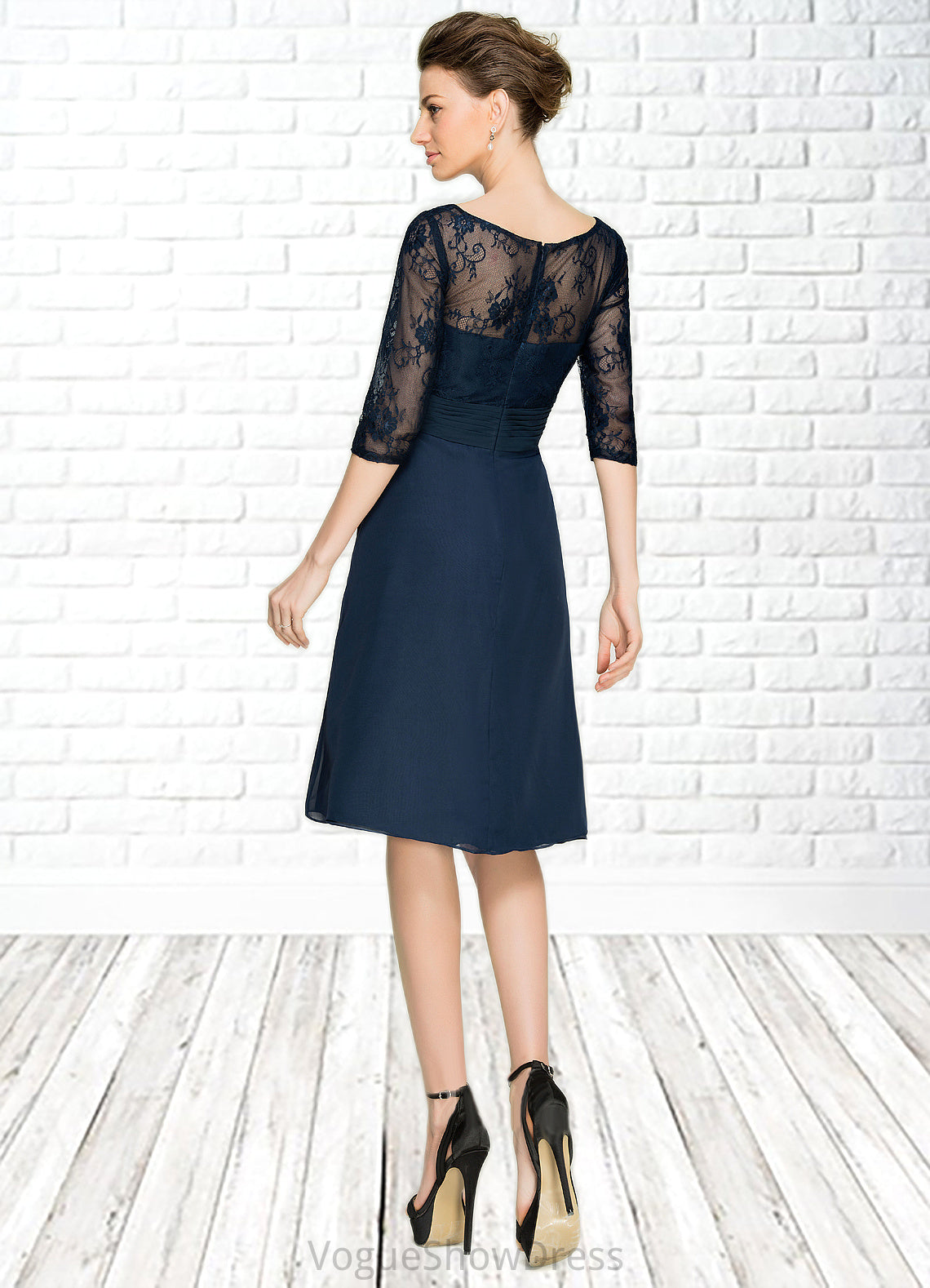 Eva A-Line V-neck Knee-Length Chiffon Lace Mother of the Bride Dress With Cascading Ruffles DL126P0014695