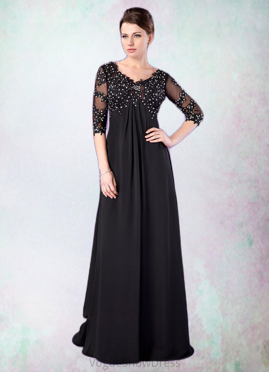 Jaidyn Empire V-neck Sweep Train Chiffon Mother of the Bride Dress With Lace Beading DL126P0014697