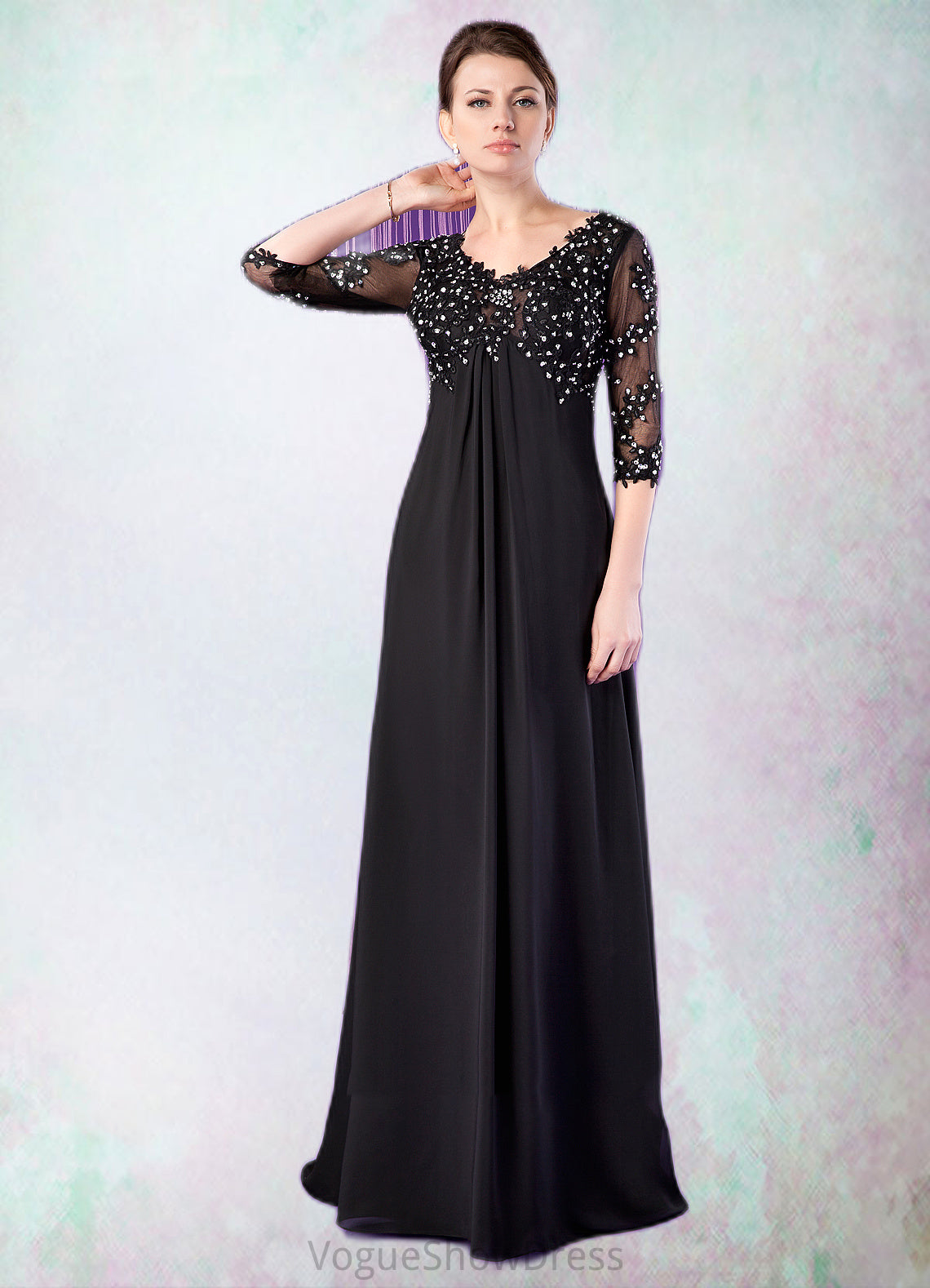 Jaidyn Empire V-neck Sweep Train Chiffon Mother of the Bride Dress With Lace Beading DL126P0014697