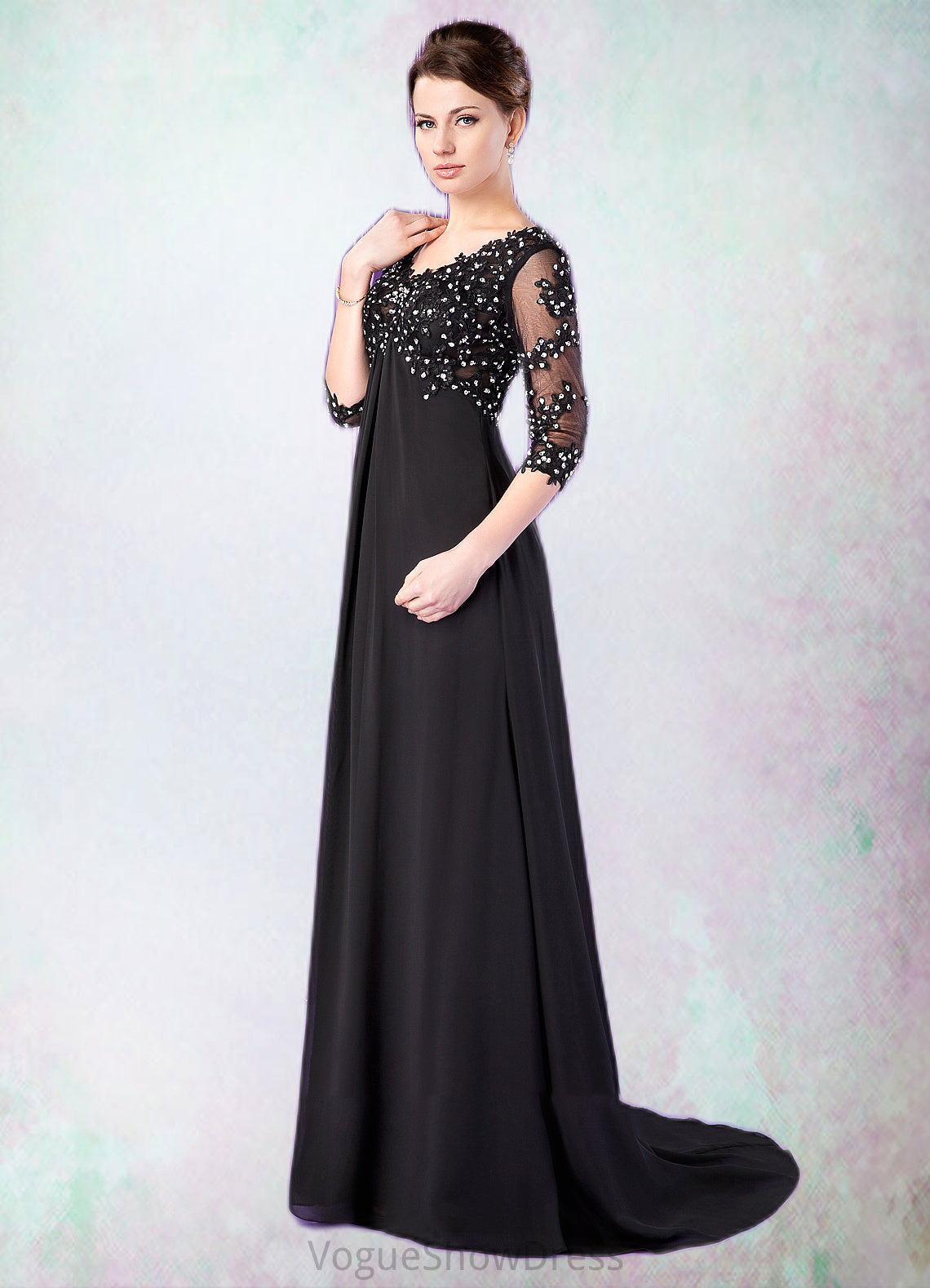 Jaidyn Empire V-neck Sweep Train Chiffon Mother of the Bride Dress With Lace Beading DL126P0014697