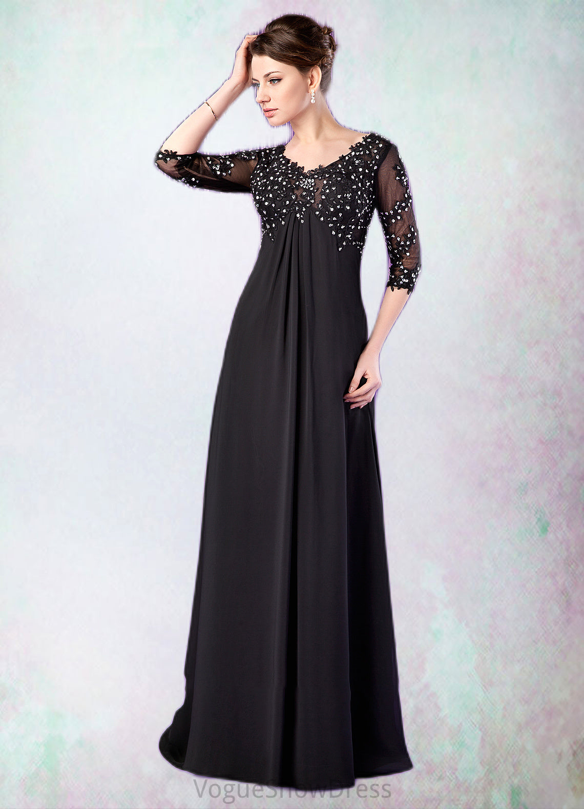 Jaidyn Empire V-neck Sweep Train Chiffon Mother of the Bride Dress With Lace Beading DL126P0014697