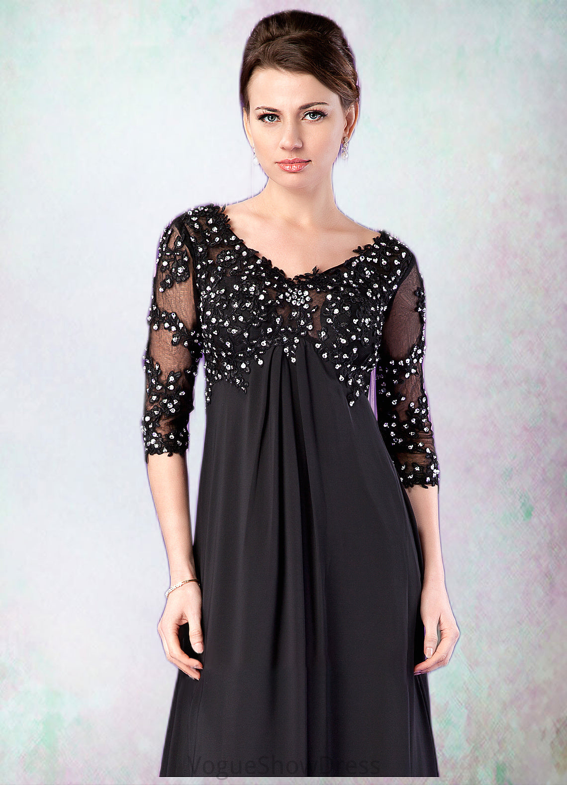 Jaidyn Empire V-neck Sweep Train Chiffon Mother of the Bride Dress With Lace Beading DL126P0014697