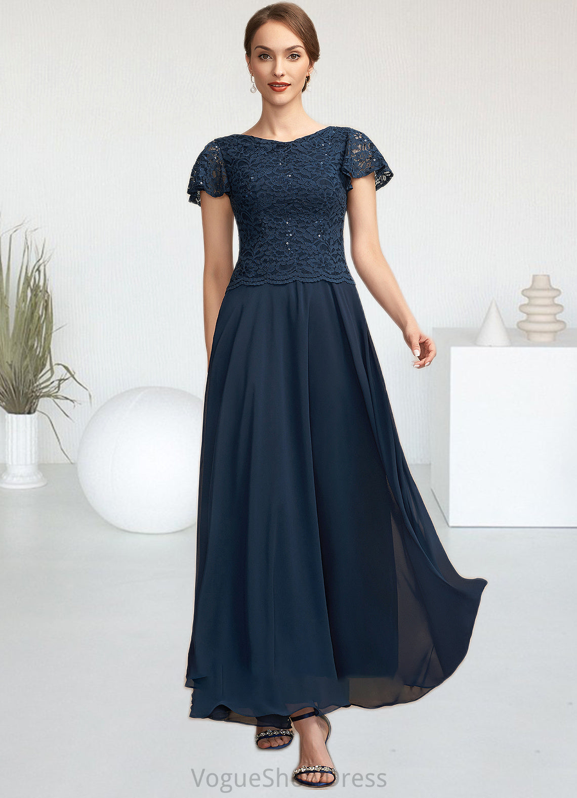 Samantha A-Line Scoop Neck Ankle-Length Chiffon Lace Mother of the Bride Dress With Sequins DL126P0014701