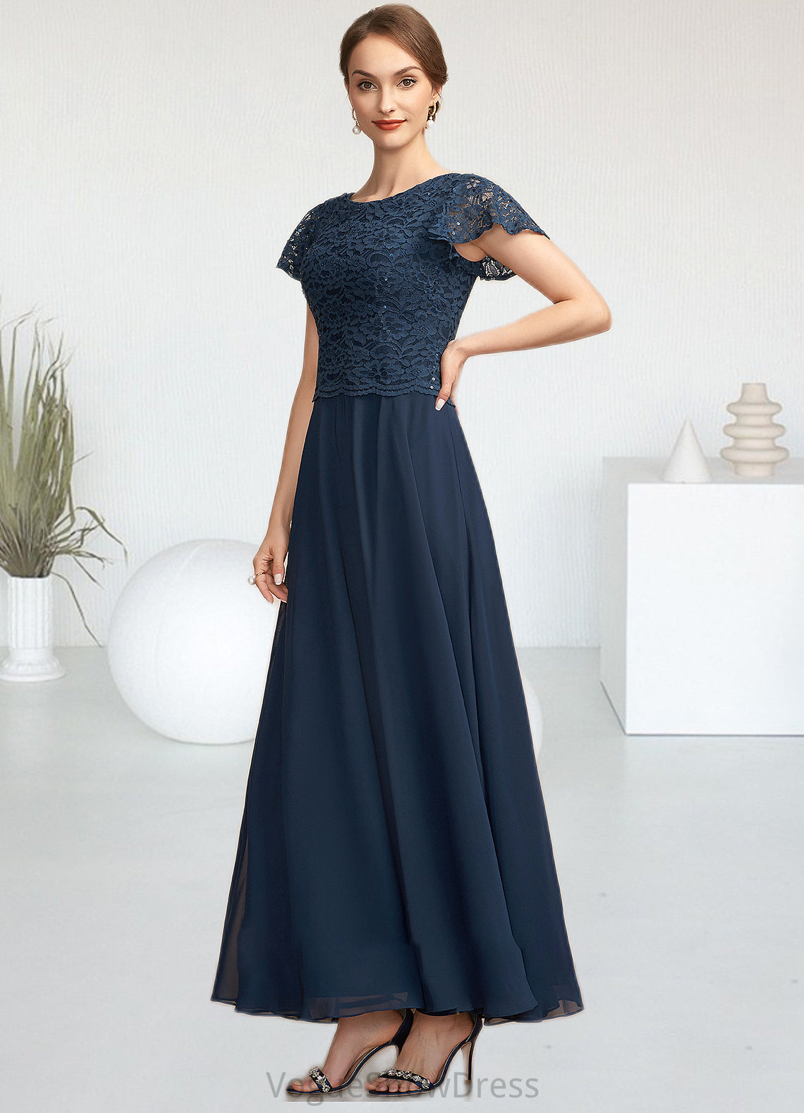 Samantha A-Line Scoop Neck Ankle-Length Chiffon Lace Mother of the Bride Dress With Sequins DL126P0014701