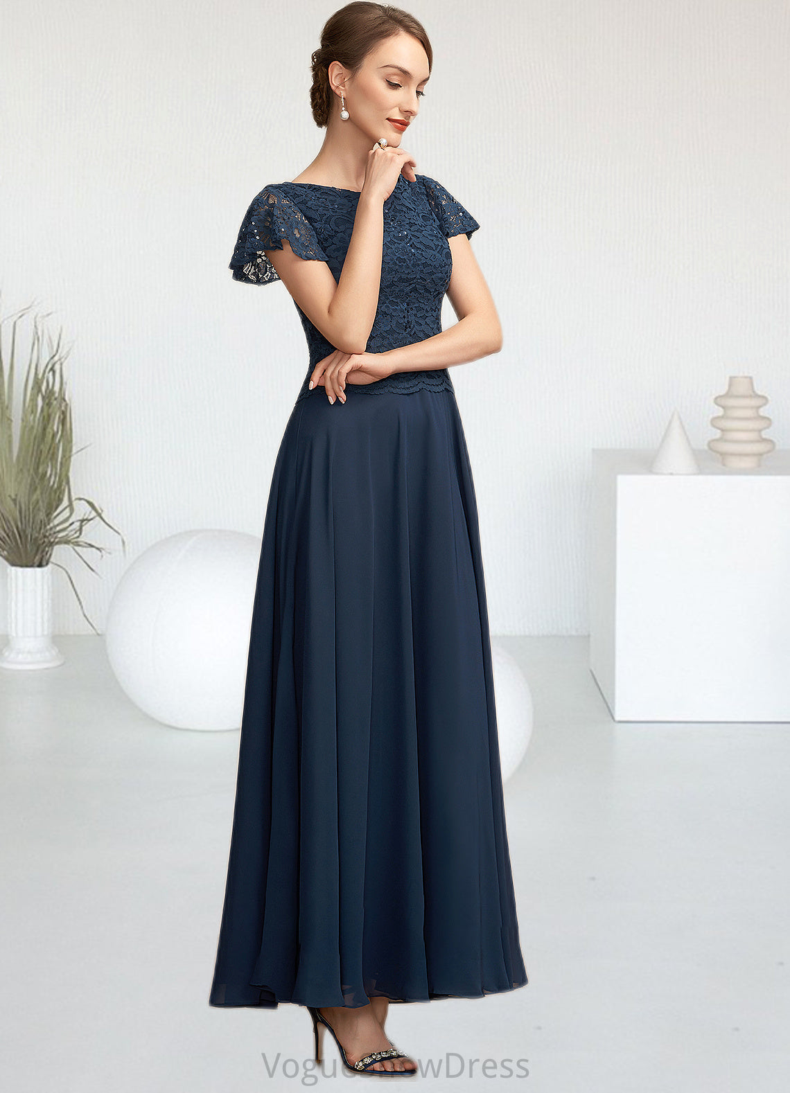 Samantha A-Line Scoop Neck Ankle-Length Chiffon Lace Mother of the Bride Dress With Sequins DL126P0014701