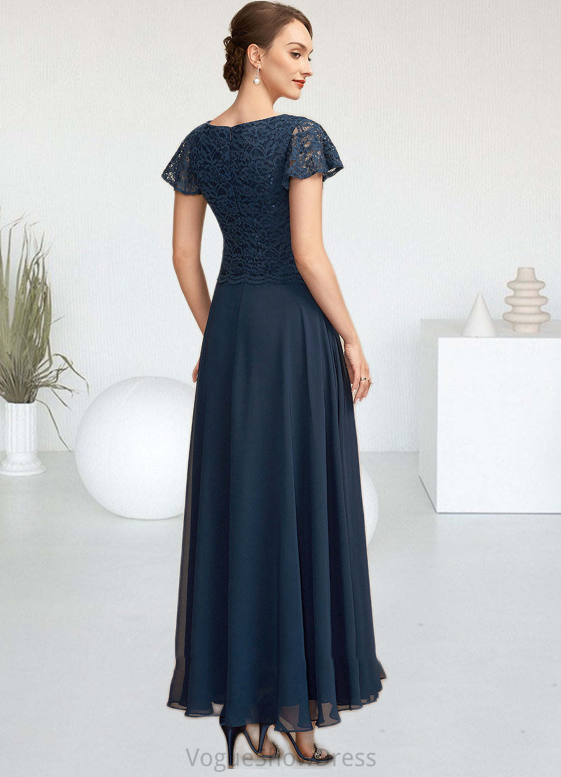 Samantha A-Line Scoop Neck Ankle-Length Chiffon Lace Mother of the Bride Dress With Sequins DL126P0014701