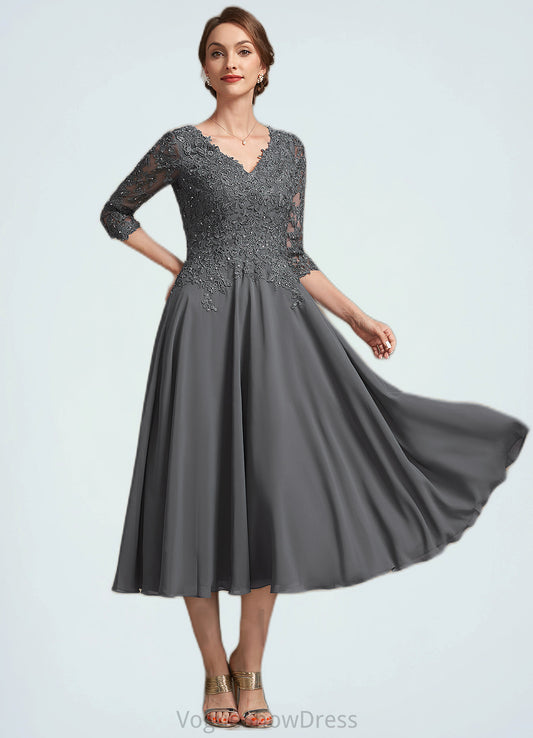 Izabella A-line V-Neck Tea-Length Chiffon Lace Mother of the Bride Dress With Beading Sequins DL126P0014702