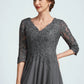 Izabella A-line V-Neck Tea-Length Chiffon Lace Mother of the Bride Dress With Beading Sequins DL126P0014702