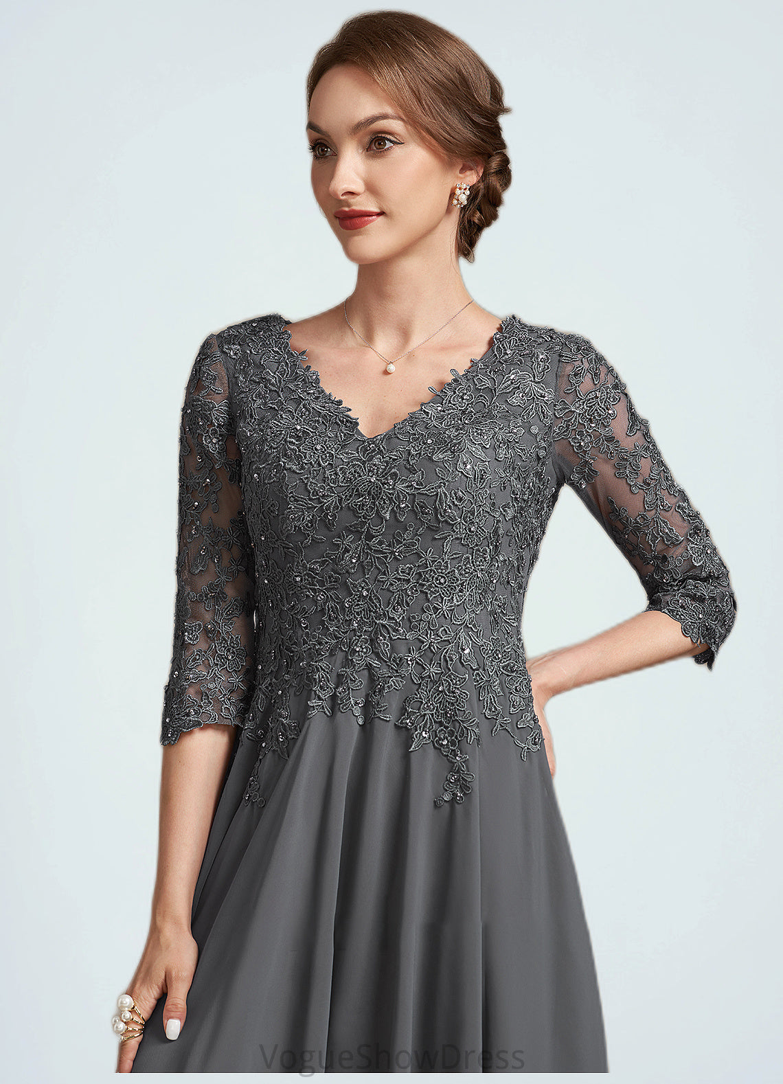 Izabella A-line V-Neck Tea-Length Chiffon Lace Mother of the Bride Dress With Beading Sequins DL126P0014702