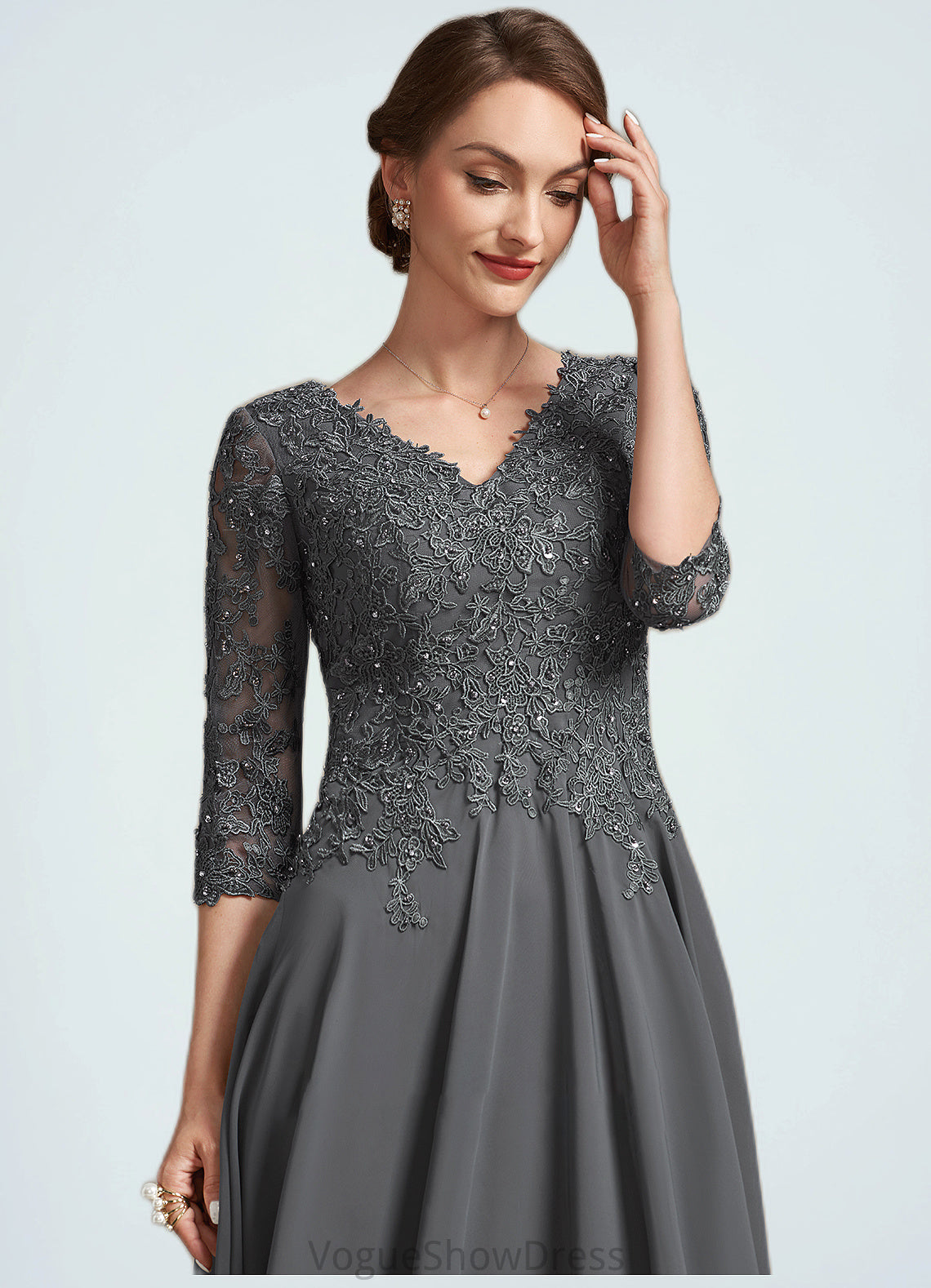 Izabella A-line V-Neck Tea-Length Chiffon Lace Mother of the Bride Dress With Beading Sequins DL126P0014702