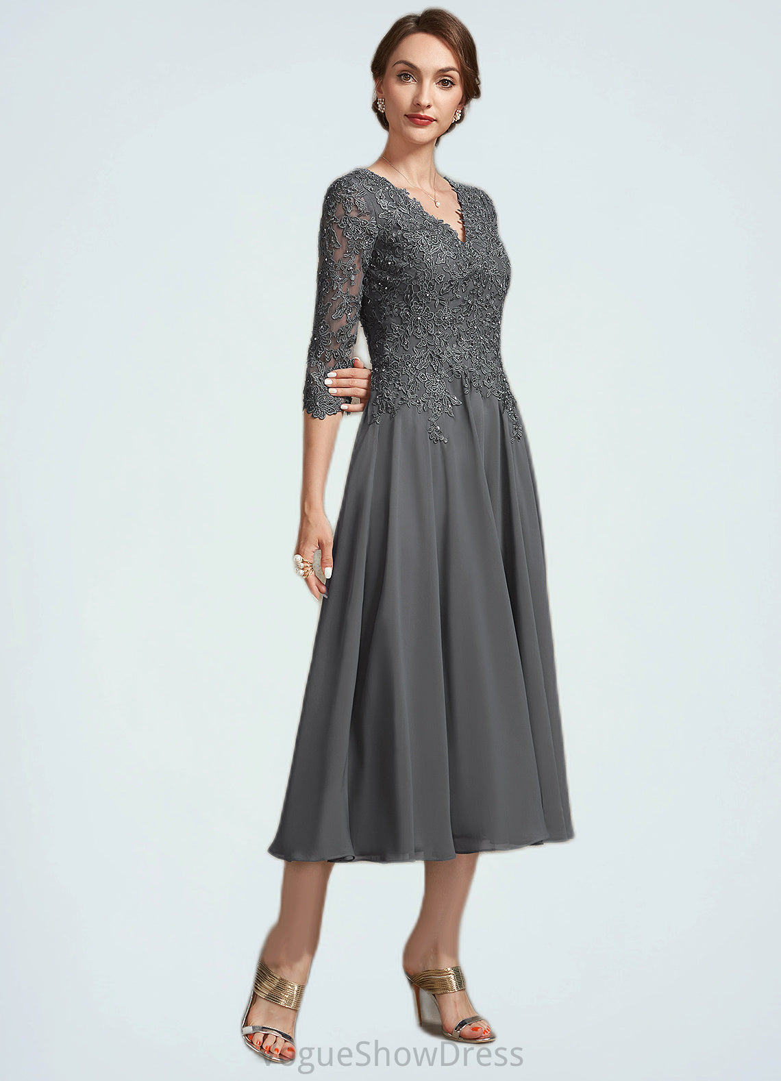 Izabella A-line V-Neck Tea-Length Chiffon Lace Mother of the Bride Dress With Beading Sequins DL126P0014702